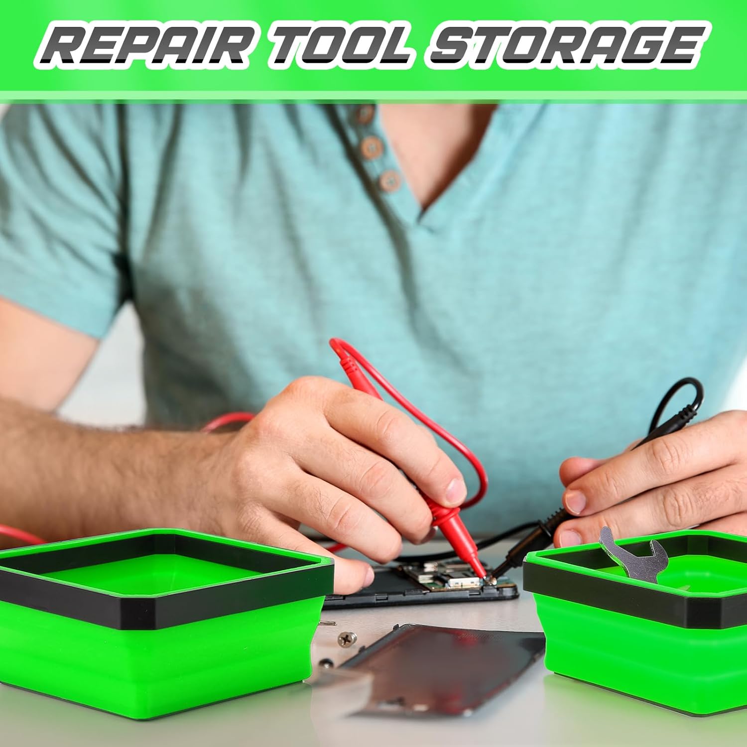 10 Pcs Magnetic Tool Tray Collapsible Foldable Parts Trays Set Magnetic Screw Tray Magnetic Parts Bowl Square Silicone Magnetic Tool for Bolts Nuts Washers Pins Screw Parts Green