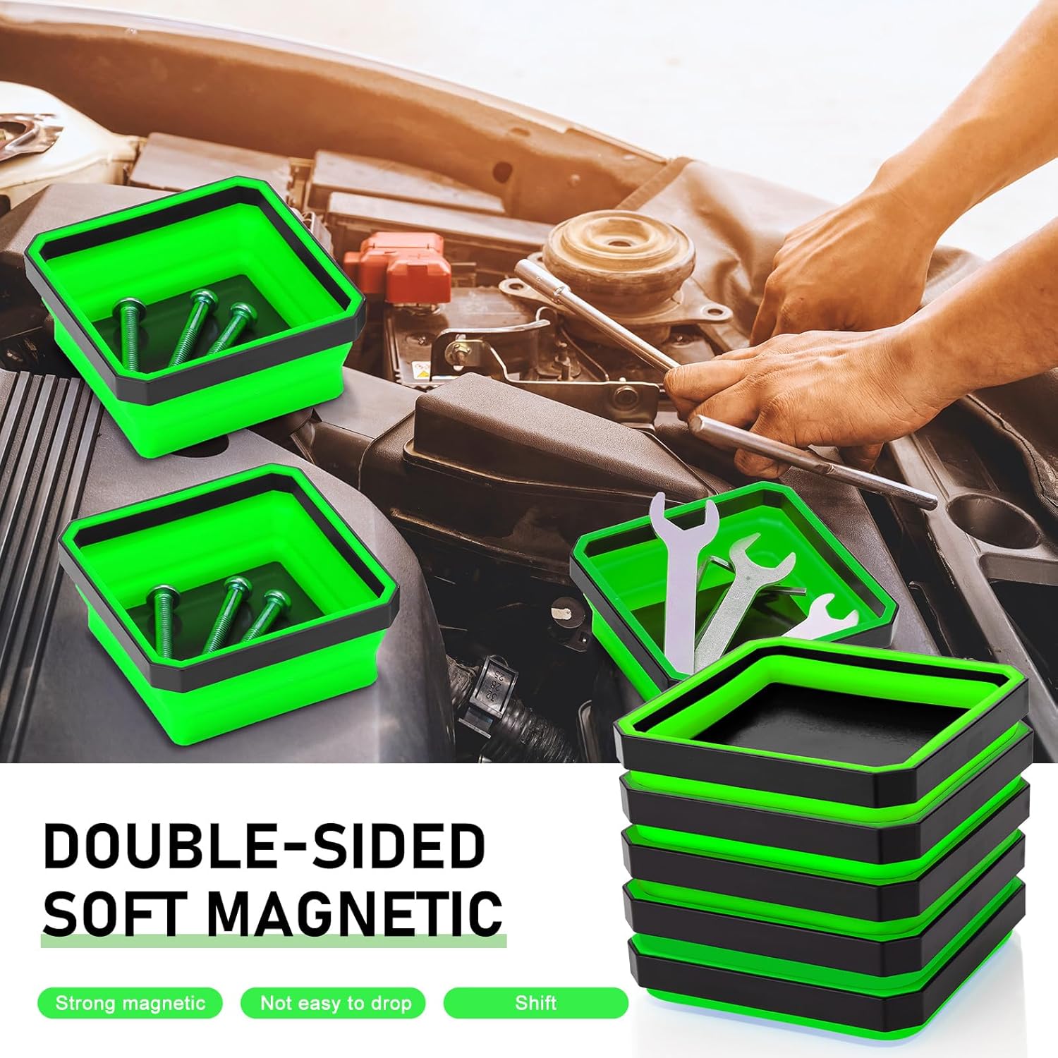 10 Pcs Magnetic Tool Tray Collapsible Foldable Parts Trays Set Magnetic Screw Tray Magnetic Parts Bowl Square Silicone Magnetic Tool for Bolts Nuts Washers Pins Screw Parts Green