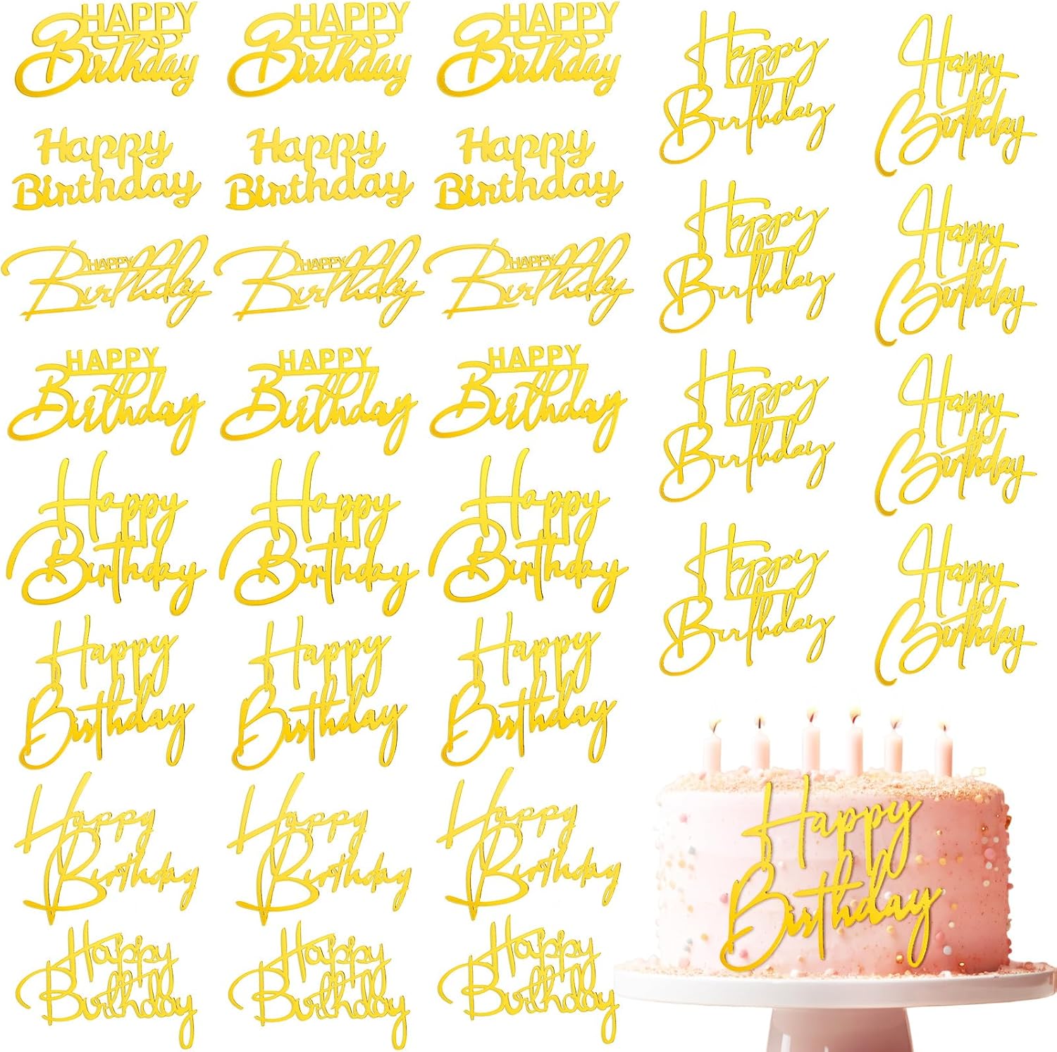 50 Pcs Happy Birthday Cake Toppers Bulk Mirror Acrylic Cupcake Topper Cupcake Decorations Happy Birthday Sign for Cake Side Inserts Decor Party Supplies 10 Style Gold