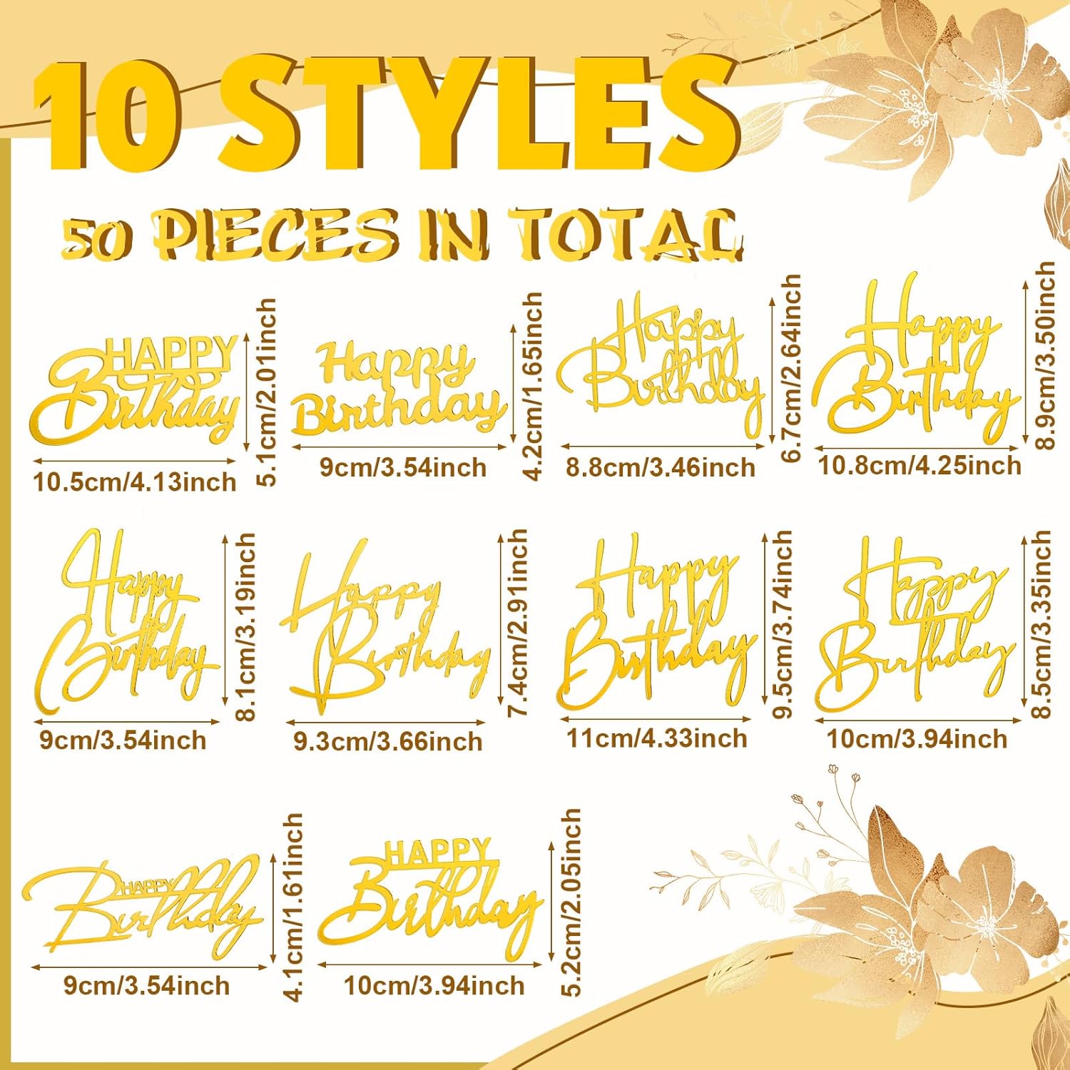 50 Pcs Happy Birthday Cake Toppers Bulk Mirror Acrylic Cupcake Topper Cupcake Decorations Happy Birthday Sign for Cake Side Inserts Decor Party Supplies 10 Style Gold