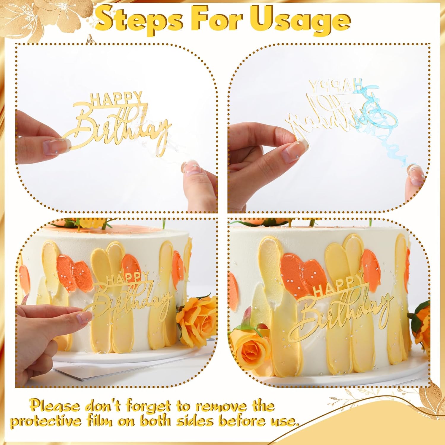 50 Pcs Happy Birthday Cake Toppers Bulk Mirror Acrylic Cupcake Topper Cupcake Decorations Happy Birthday Sign for Cake Side Inserts Decor Party Supplies 10 Style Gold
