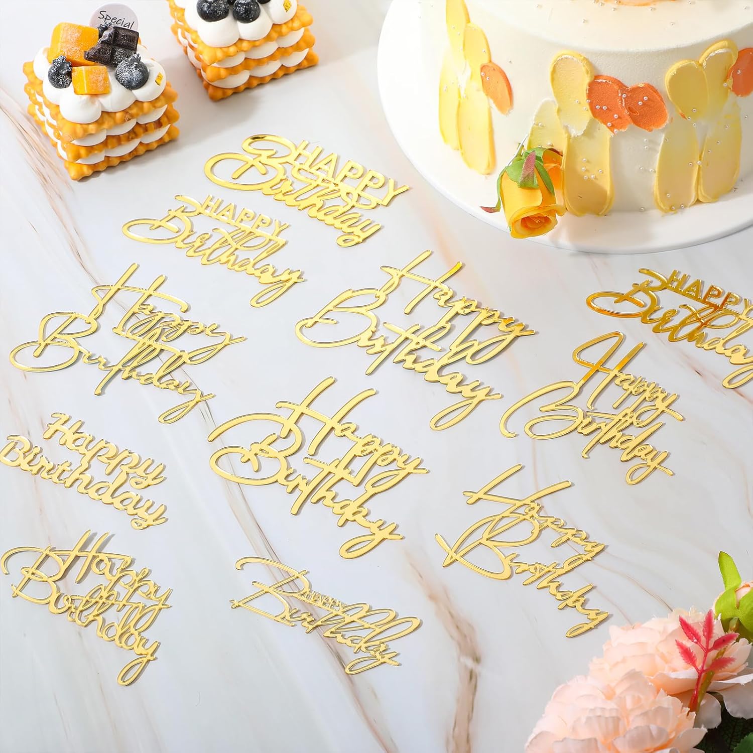 50 Pcs Happy Birthday Cake Toppers Bulk Mirror Acrylic Cupcake Topper Cupcake Decorations Happy Birthday Sign for Cake Side Inserts Decor Party Supplies 10 Style Gold