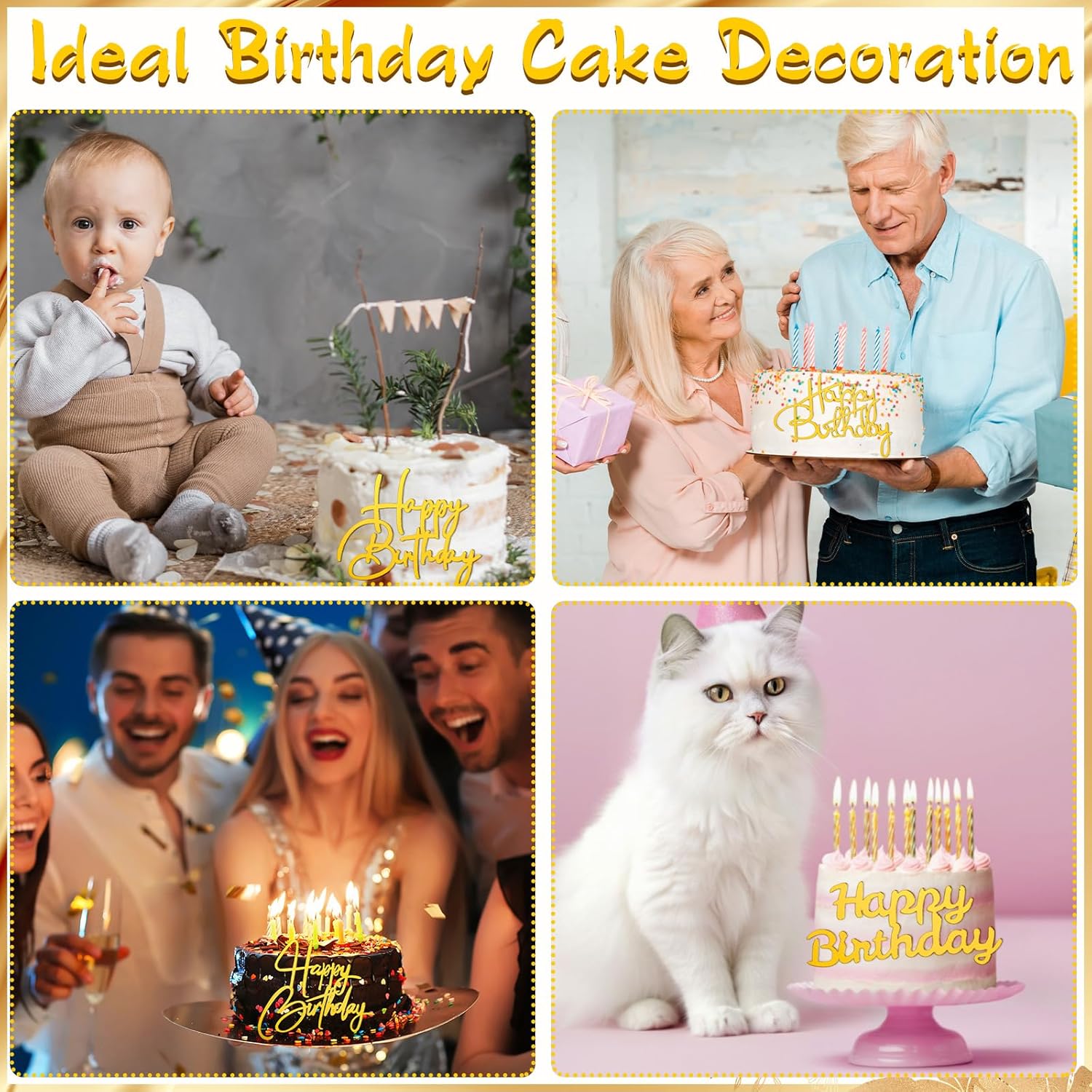 50 Pcs Happy Birthday Cake Toppers Bulk Mirror Acrylic Cupcake Topper Cupcake Decorations Happy Birthday Sign for Cake Side Inserts Decor Party Supplies 10 Style Gold