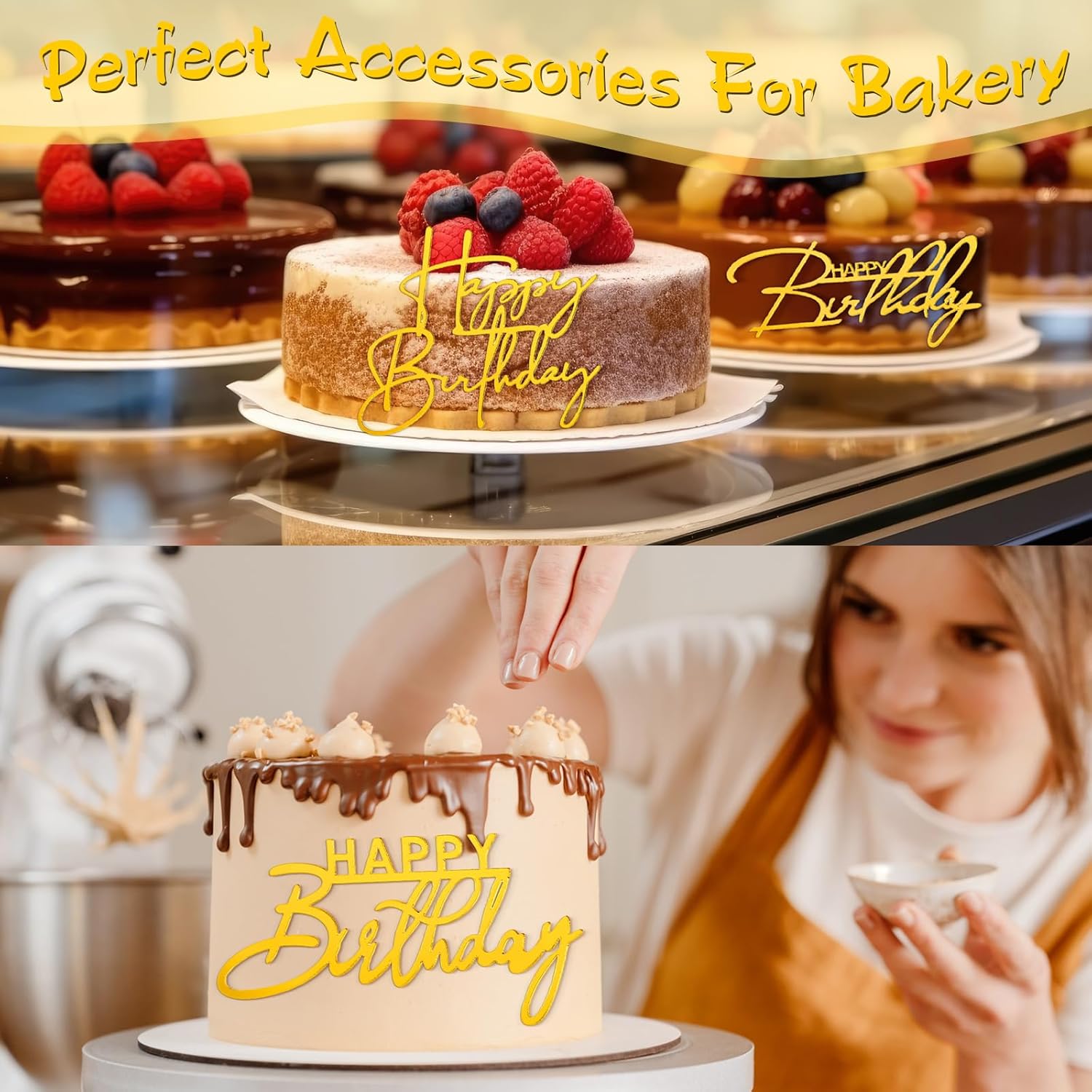 50 Pcs Happy Birthday Cake Toppers Bulk Mirror Acrylic Cupcake Topper Cupcake Decorations Happy Birthday Sign for Cake Side Inserts Decor Party Supplies 10 Style Gold