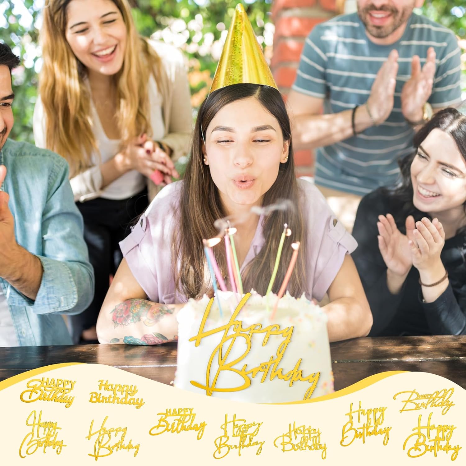 50 Pcs Happy Birthday Cake Toppers Bulk Mirror Acrylic Cupcake Topper Cupcake Decorations Happy Birthday Sign for Cake Side Inserts Decor Party Supplies 10 Style Gold