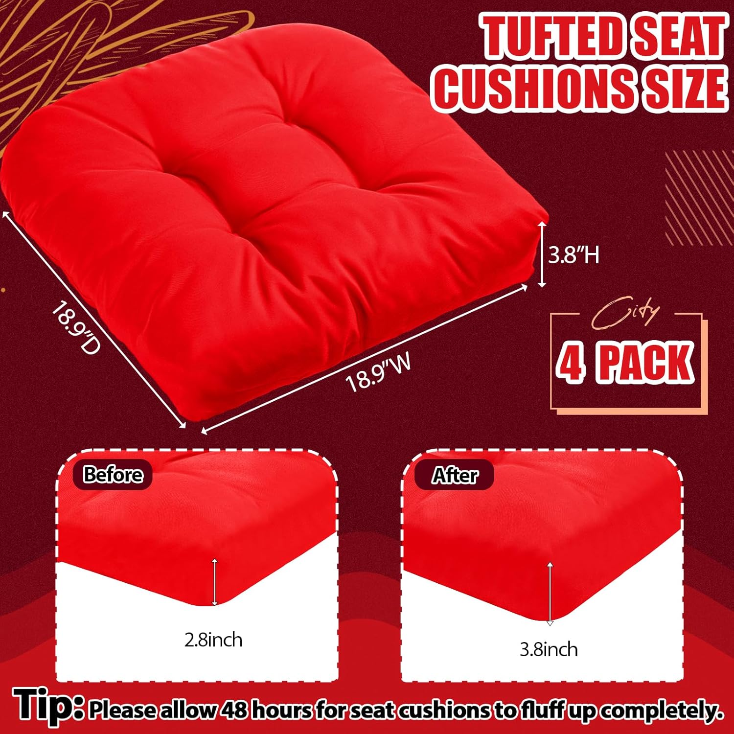 4 Pcs Outdoor Chair Cushions 18.9 x 18.9 Inch Waterproof Sun Protection Patio Furniture Overstuffed Seat Cushion Chair Pad with Round Corner for Indoor Red