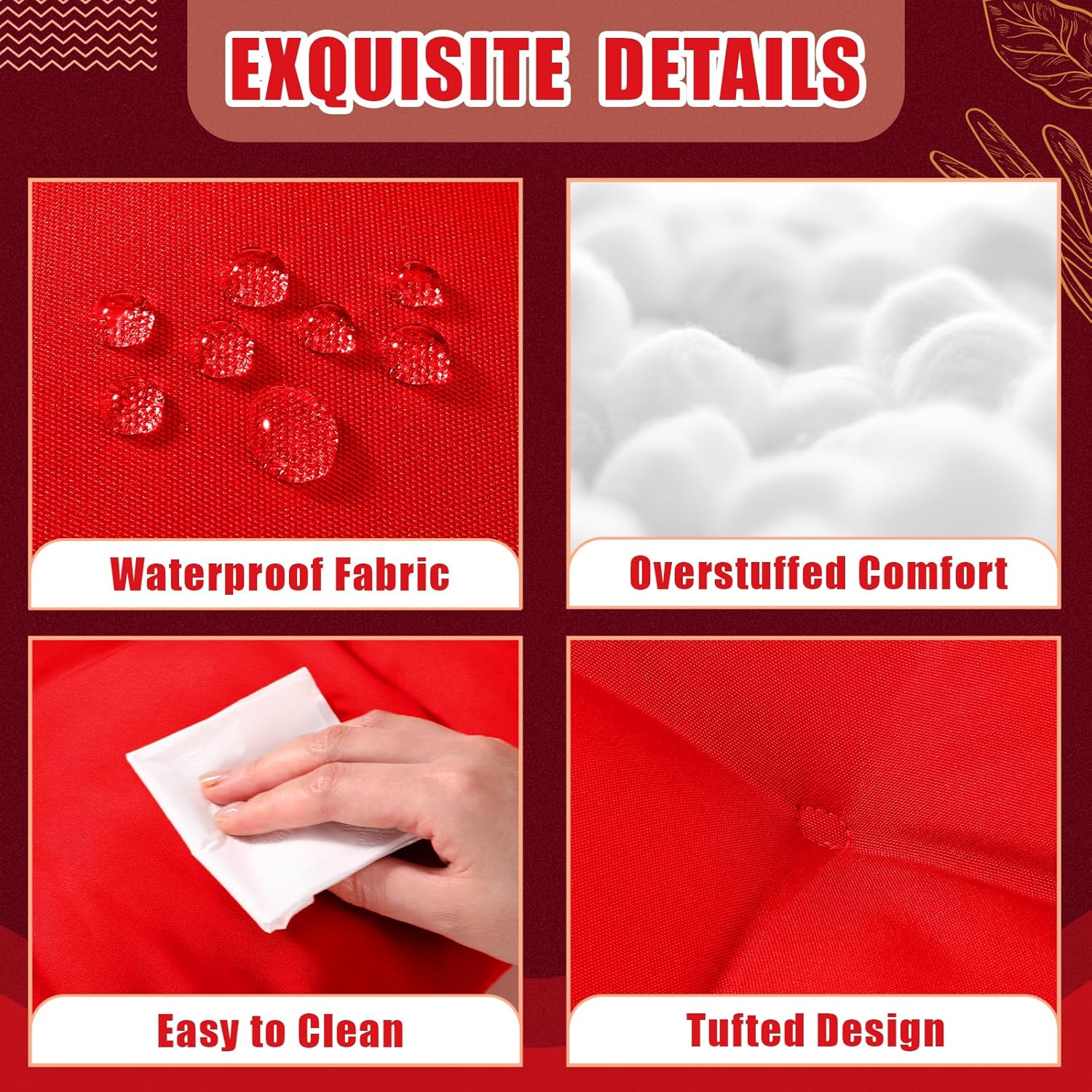 4 Pcs Outdoor Chair Cushions 18.9 x 18.9 Inch Waterproof Sun Protection Patio Furniture Overstuffed Seat Cushion Chair Pad with Round Corner for Indoor Red