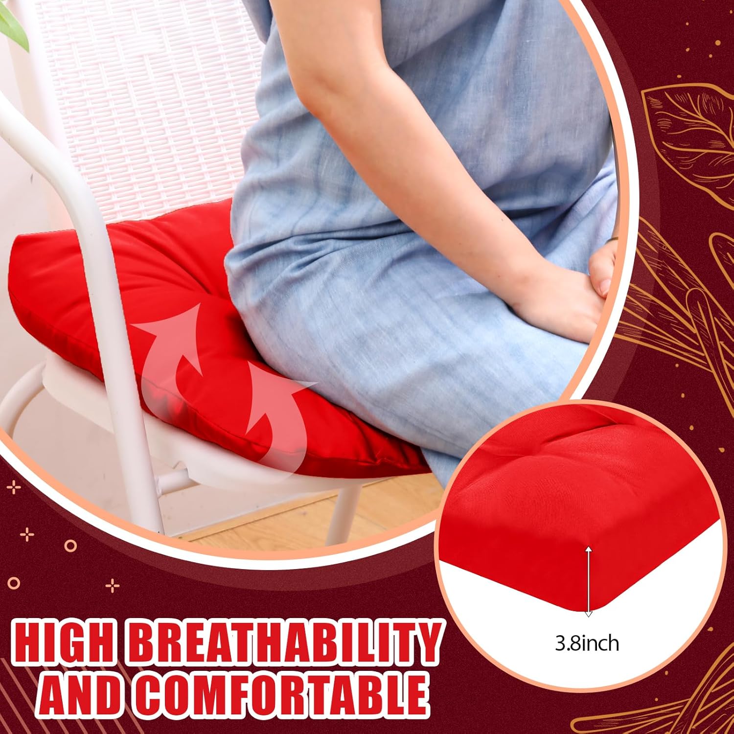 4 Pcs Outdoor Chair Cushions 18.9 x 18.9 Inch Waterproof Sun Protection Patio Furniture Overstuffed Seat Cushion Chair Pad with Round Corner for Indoor Red