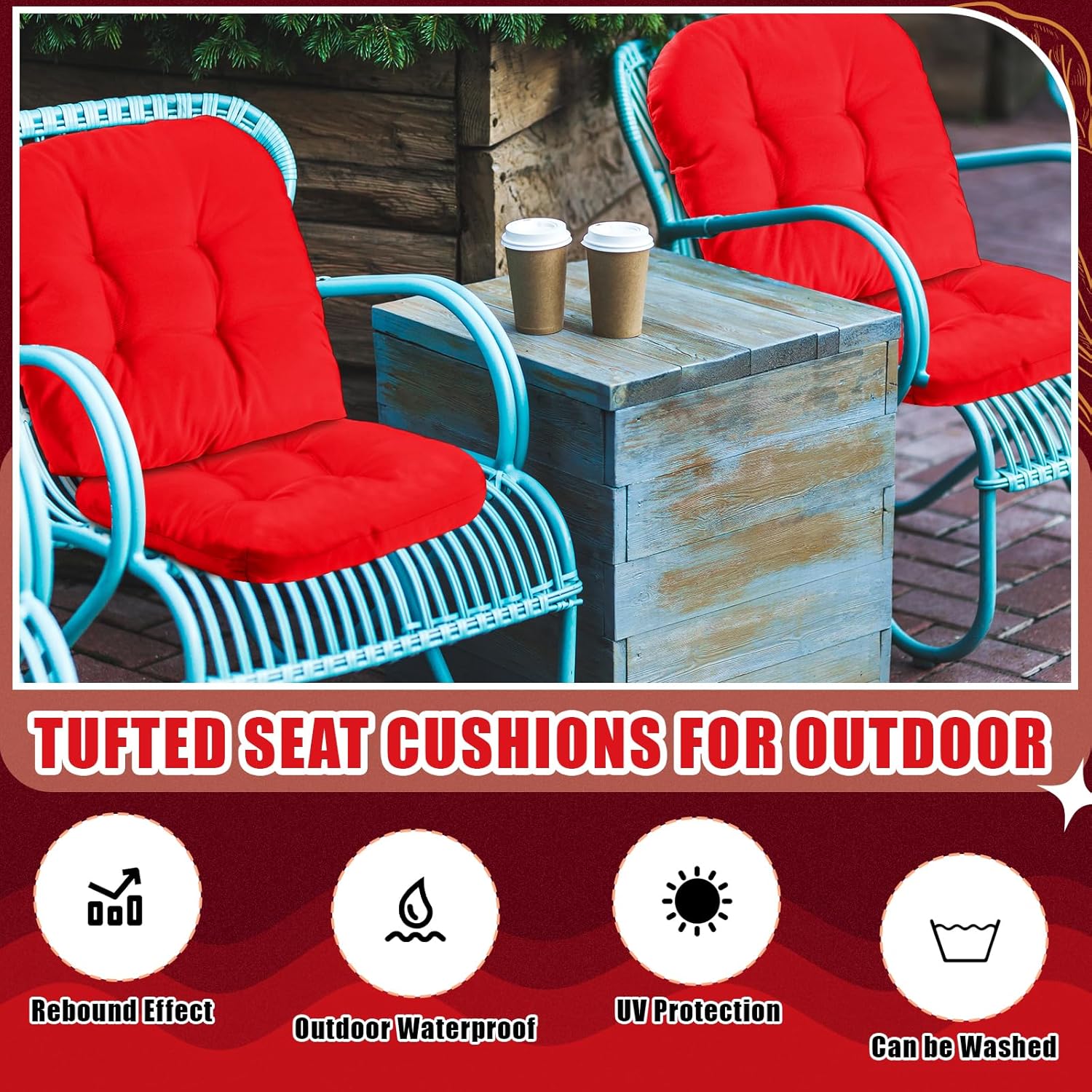 4 Pcs Outdoor Chair Cushions 18.9 x 18.9 Inch Waterproof Sun Protection Patio Furniture Overstuffed Seat Cushion Chair Pad with Round Corner for Indoor Red