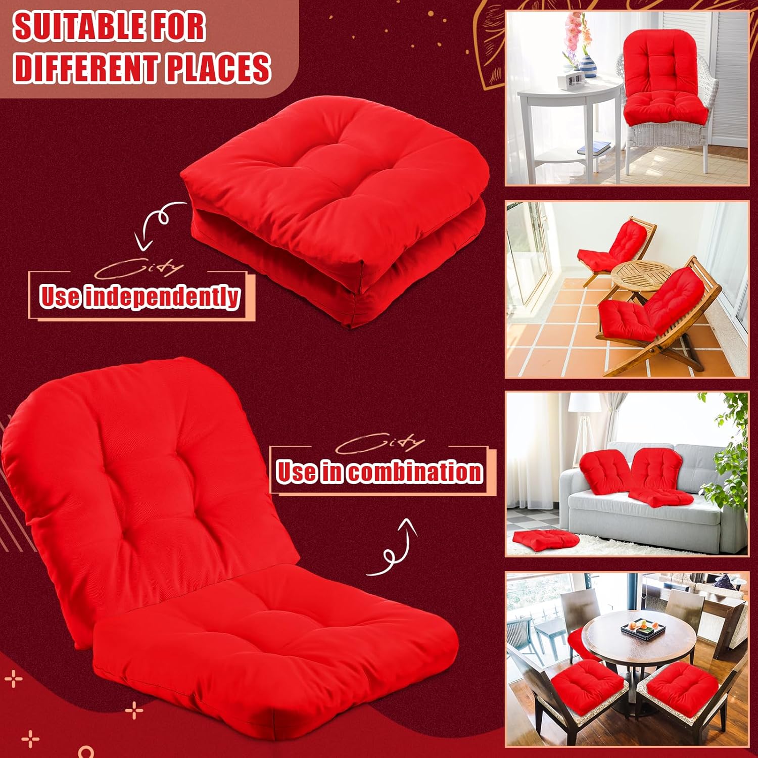 4 Pcs Outdoor Chair Cushions 18.9 x 18.9 Inch Waterproof Sun Protection Patio Furniture Overstuffed Seat Cushion Chair Pad with Round Corner for Indoor Red