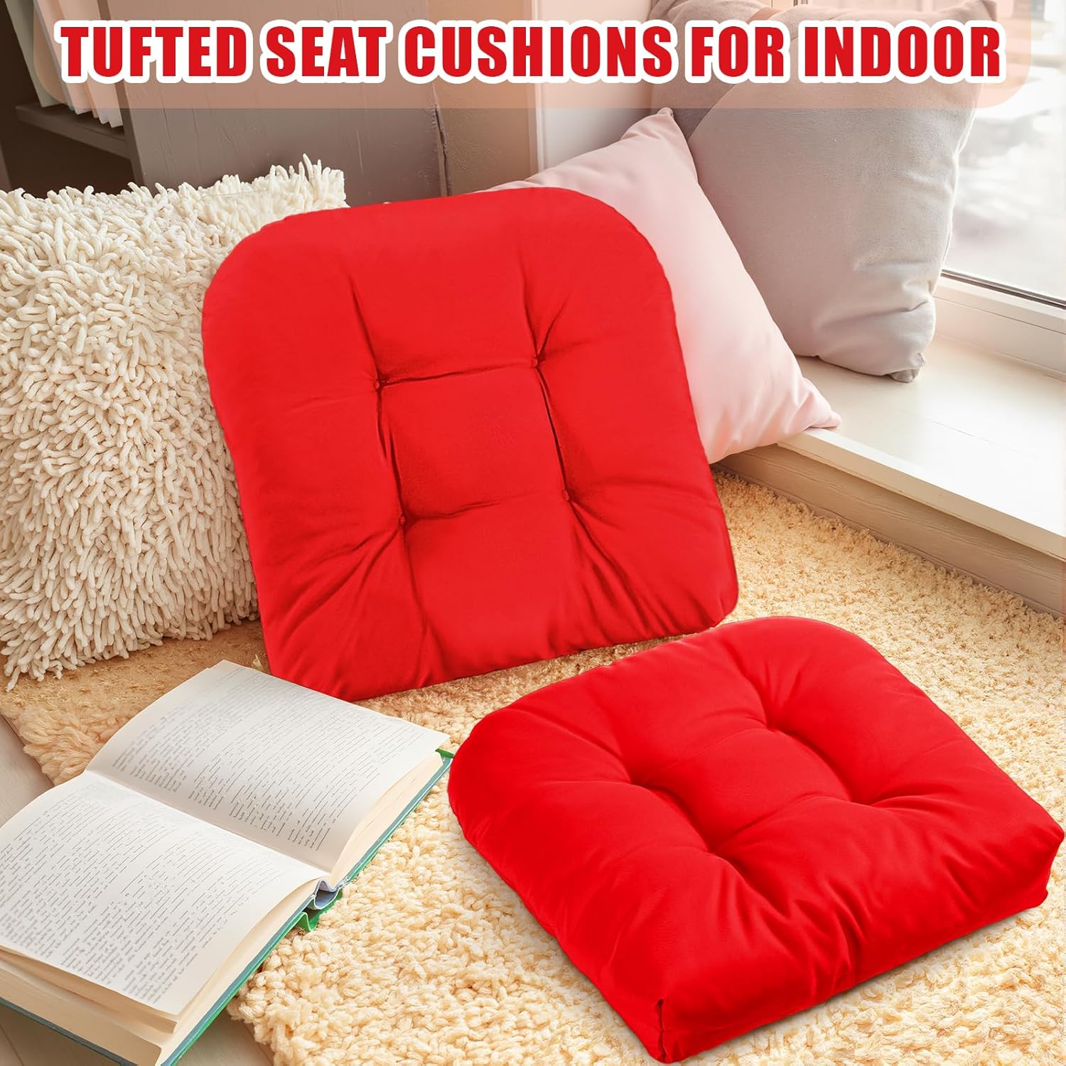 4 Pcs Outdoor Chair Cushions 18.9 x 18.9 Inch Waterproof Sun Protection Patio Furniture Overstuffed Seat Cushion Chair Pad with Round Corner for Indoor Red