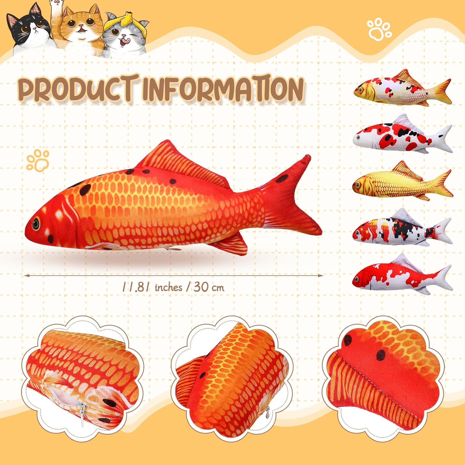 6 Pcs 12 Inch Fish-Shaped Soft Cat Cushions Pillow Realistic Pet Carp Play Pillow for Cats Birthday Gift Classic Style