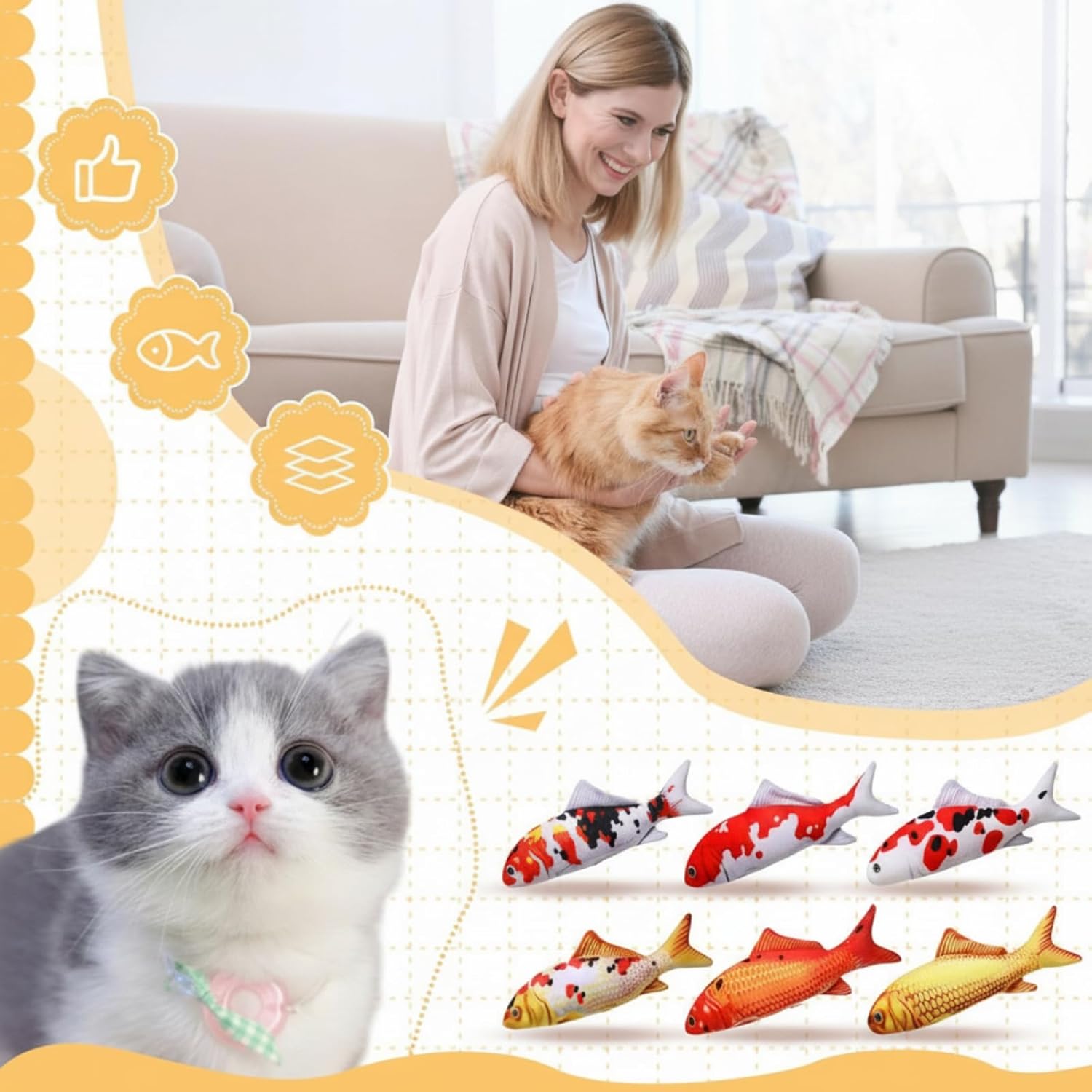 6 Pcs 12 Inch Fish-Shaped Soft Cat Cushions Pillow Realistic Pet Carp Play Pillow for Cats Birthday Gift Classic Style
