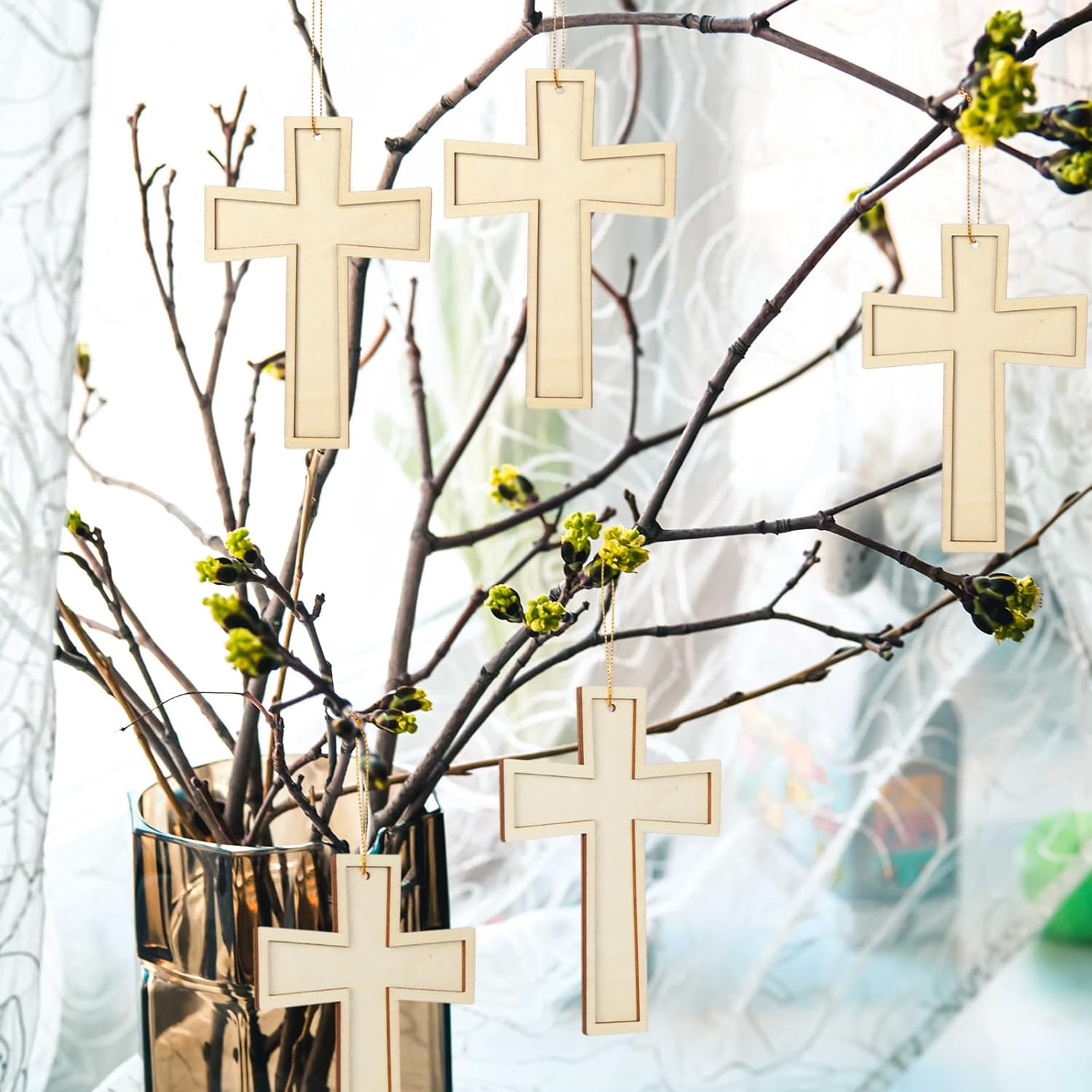 48 Pack Cross Wooden Hanging Ornaments Unfinished Wood Blank Cross Craft with Gold String for Easter Tree Wedding Birthday Halloween Christmas Party Decoration