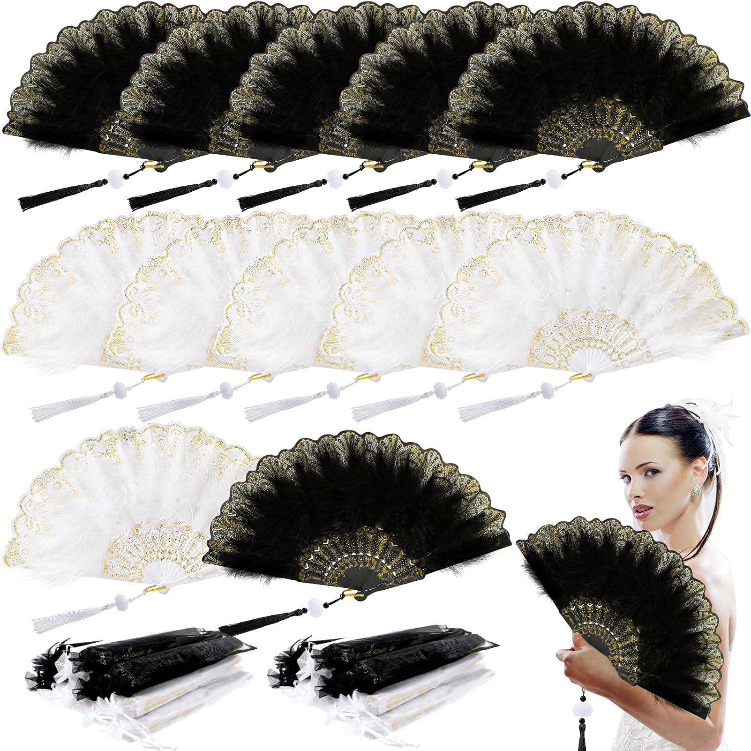 12 Sets Marabou Feather Fan Bulk 20s Folding Fan Wedding Party Favor Lace Vintage Embroidered Flapper Costume Women Dancing Party White,Black