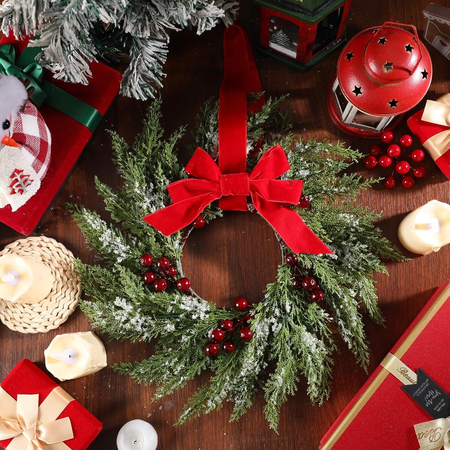 6 Pcs Small Christmas Norfolk Wreaths 15 Inch Christmas Kitchen Cabinet Mini Wreath with Bow Ribbon Cedar Berry for Xmas Front Door Window Chair Fireplace Table Pillar Farmhouse