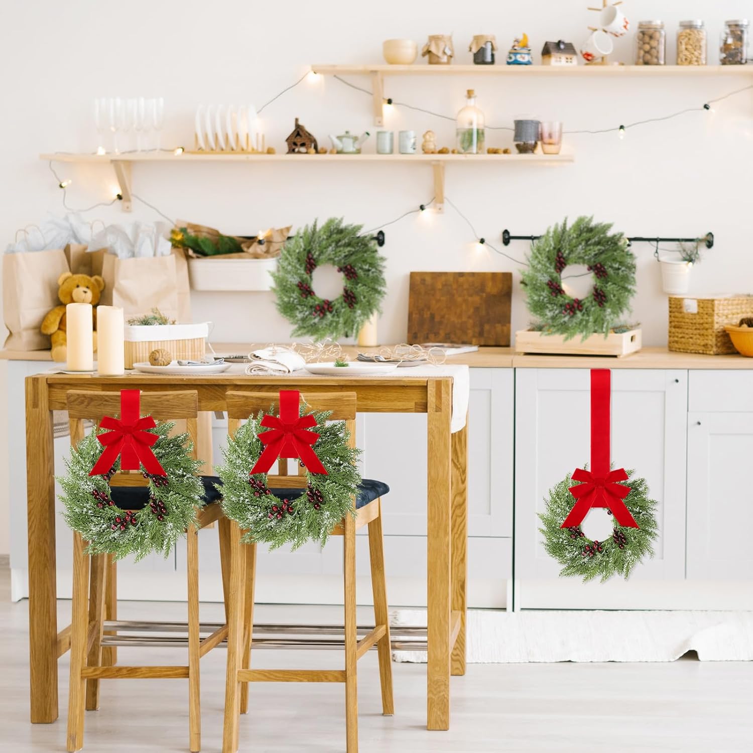 6 Pcs Small Christmas Norfolk Wreaths 15 Inch Christmas Kitchen Cabinet Mini Wreath with Bow Ribbon Cedar Berry for Xmas Front Door Window Chair Fireplace Table Pillar Farmhouse