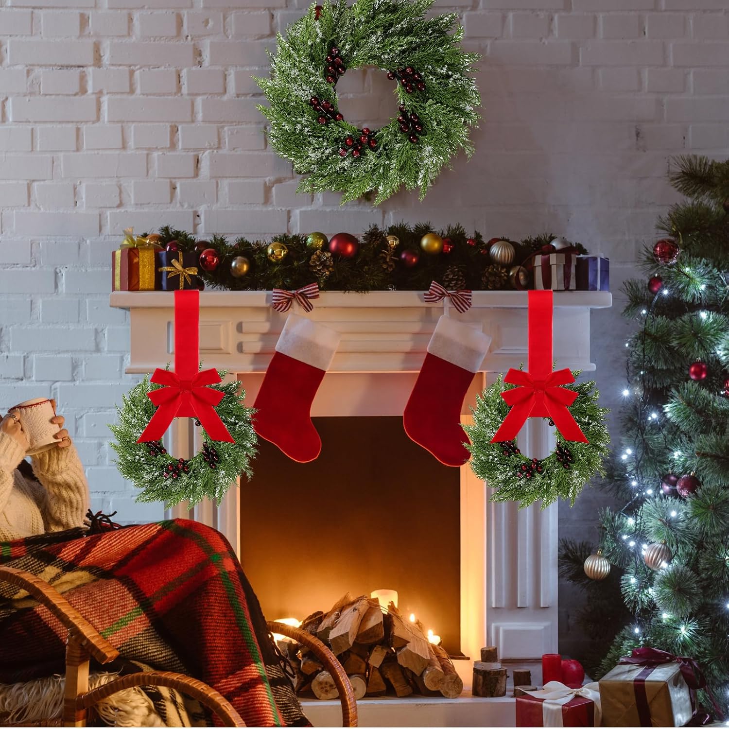 6 Pcs Small Christmas Norfolk Wreaths 15 Inch Christmas Kitchen Cabinet Mini Wreath with Bow Ribbon Cedar Berry for Xmas Front Door Window Chair Fireplace Table Pillar Farmhouse