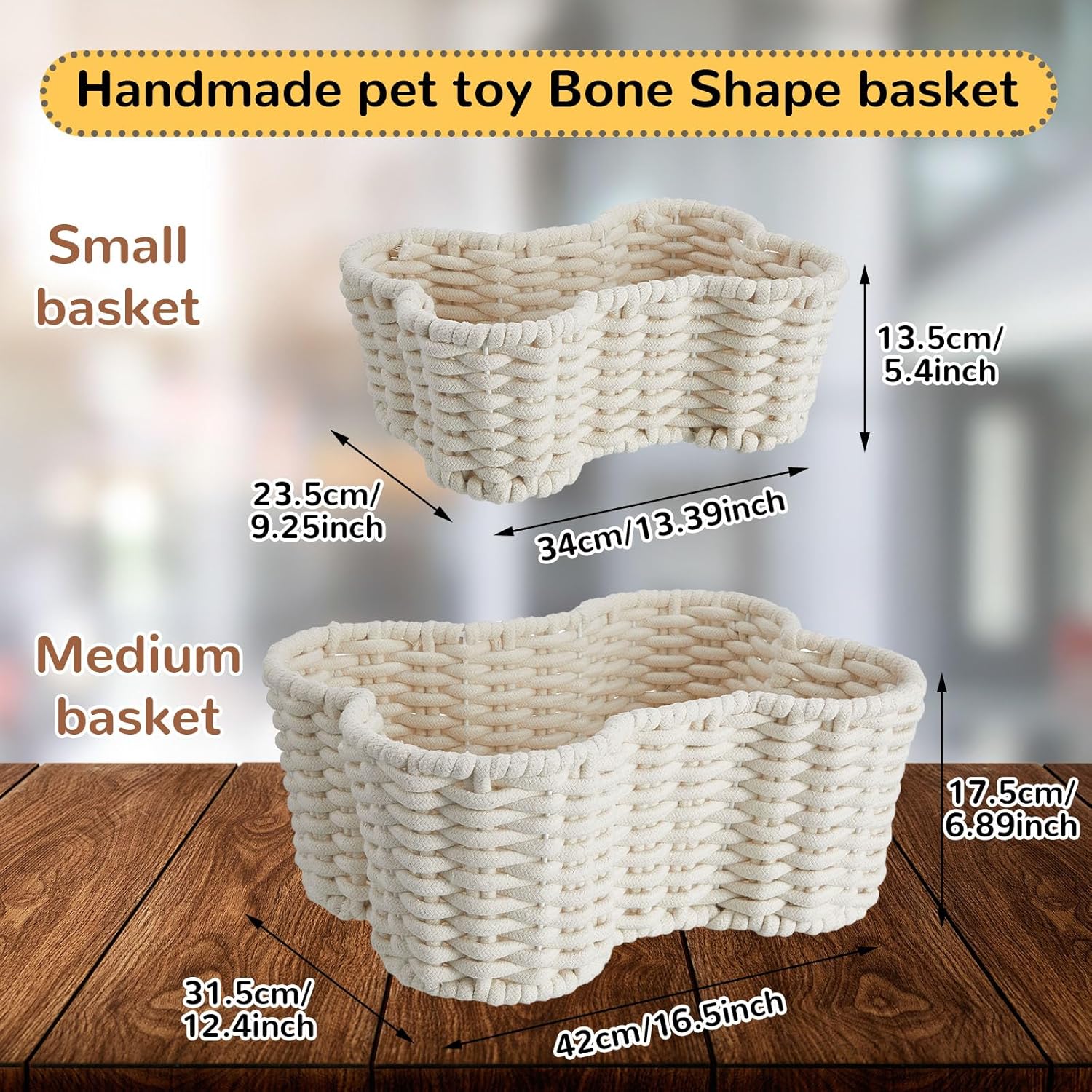 2 Pcs Dog Toy Basket Dog Toy Bin Bone Shaped Handmade Pet Organizer for Pet White Cotton Rope Basket 16.5 x 12.4 x 6.89 and 13.39 x 9.25 x 5.4