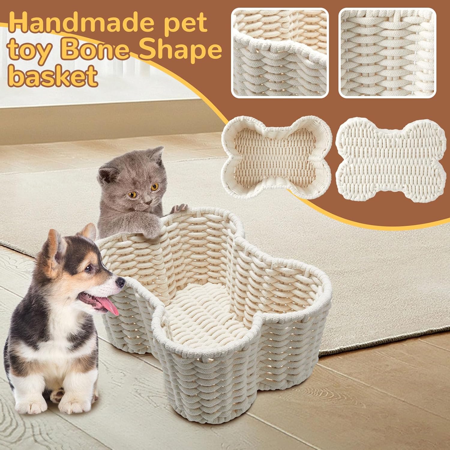 2 Pcs Dog Toy Basket Dog Toy Bin Bone Shaped Handmade Pet Organizer for Pet White Cotton Rope Basket 16.5 x 12.4 x 6.89 and 13.39 x 9.25 x 5.4