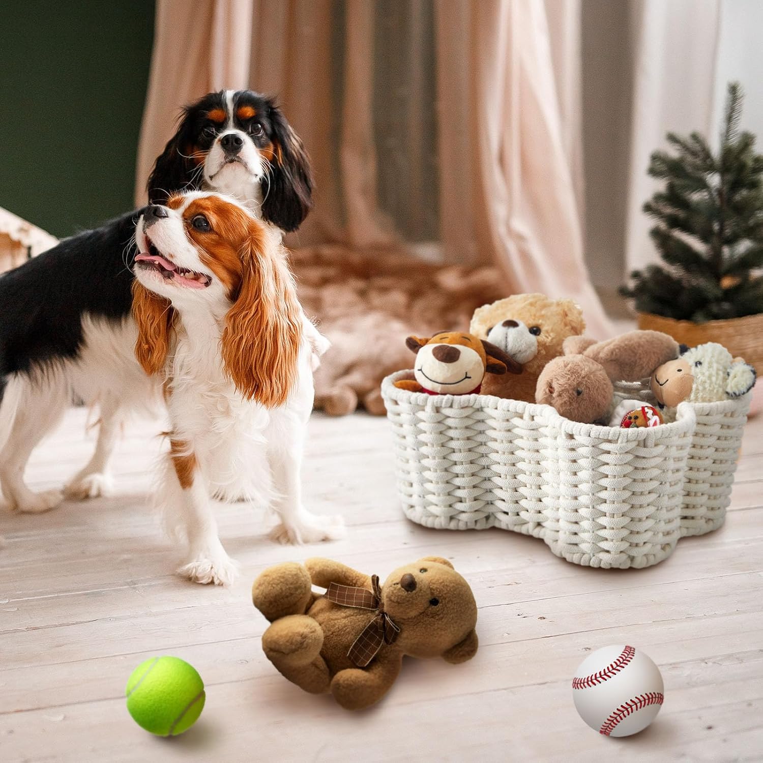 2 Pcs Dog Toy Basket Dog Toy Bin Bone Shaped Handmade Pet Organizer for Pet White Cotton Rope Basket 16.5 x 12.4 x 6.89 and 13.39 x 9.25 x 5.4