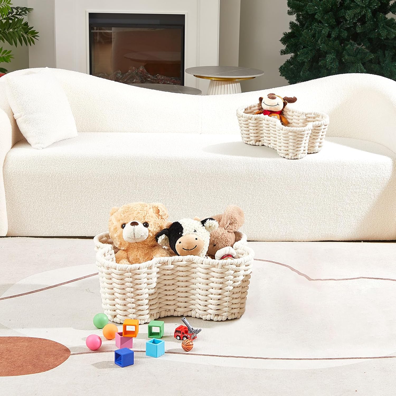2 Pcs Dog Toy Basket Dog Toy Bin Bone Shaped Handmade Pet Organizer for Pet White Cotton Rope Basket 16.5 x 12.4 x 6.89 and 13.39 x 9.25 x 5.4