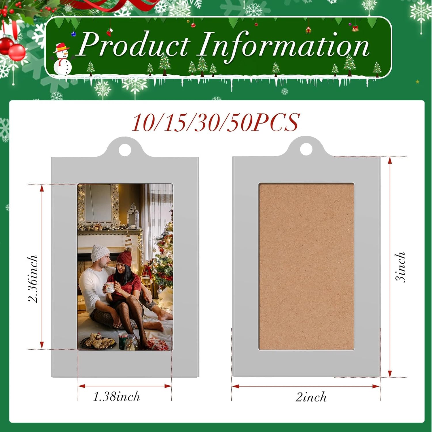50 Pcs Metal Christmas Photo Frame Ornaments Bulk 2 x 3 Inch Heavy Duty Reusable Small Frame Decorations for Xmas Tree Home Indoor Outdoor Decor Gifts Vertical,Silver