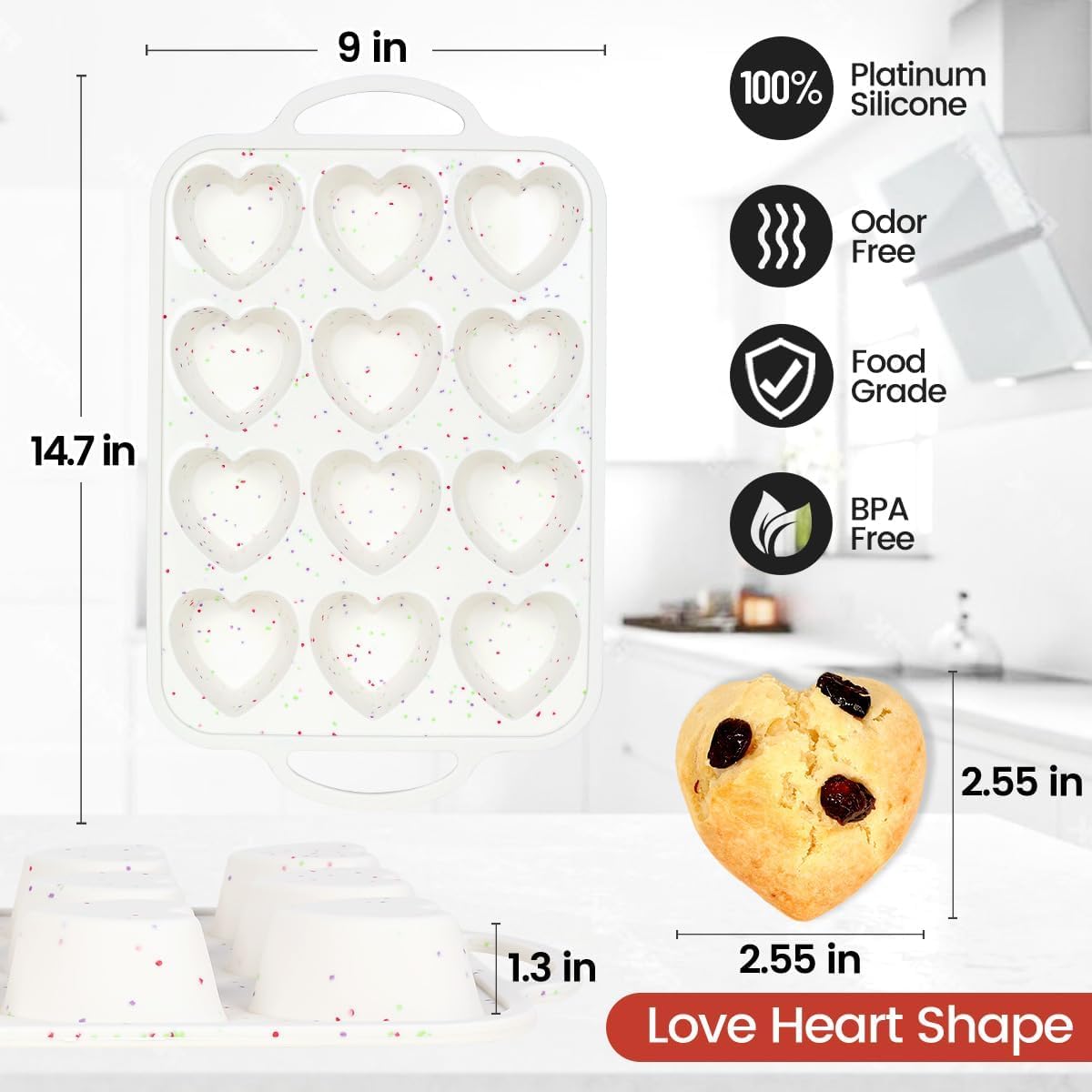 Heart Shaped Silicone Muffin Pan, Metal Reinforced Frame 12 Cups Silicone Molds for Valentine's Day Baking Muffins, Cupcakes, Tartlets, Egg Bites, Chocolate Muffin, Soaps 2 Pack