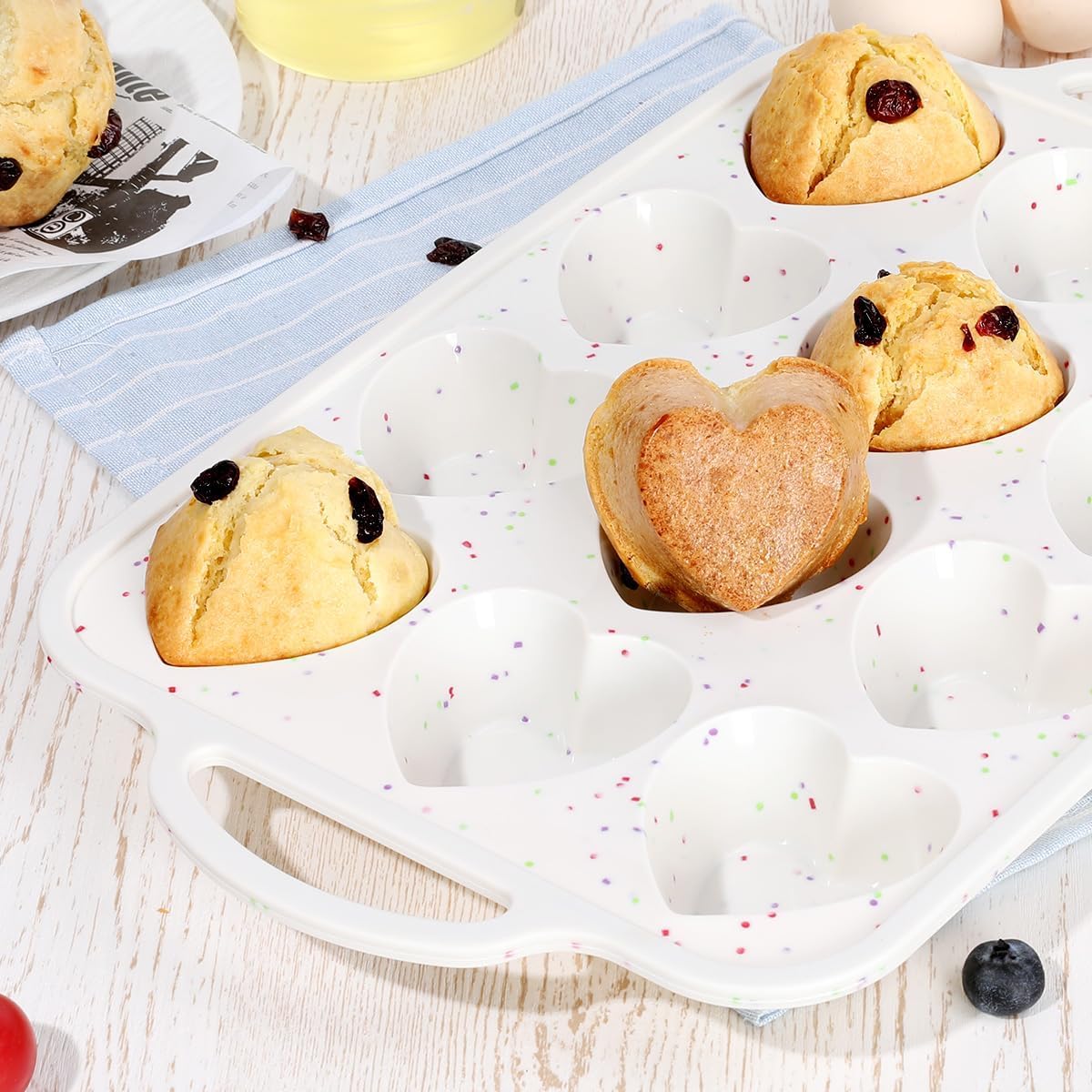 Heart Shaped Silicone Muffin Pan, Metal Reinforced Frame 12 Cups Silicone Molds for Valentine's Day Baking Muffins, Cupcakes, Tartlets, Egg Bites, Chocolate Muffin, Soaps 2 Pack