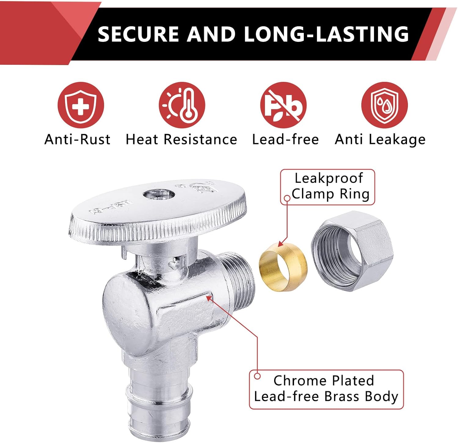 10 PCS Stop Angle Valve Pex-A Inlet, 1/4 Turn,3/8" OD Compression X 1/2" Pex-A Expansion, Chrome Plated Brass, VALVE094-10PCS