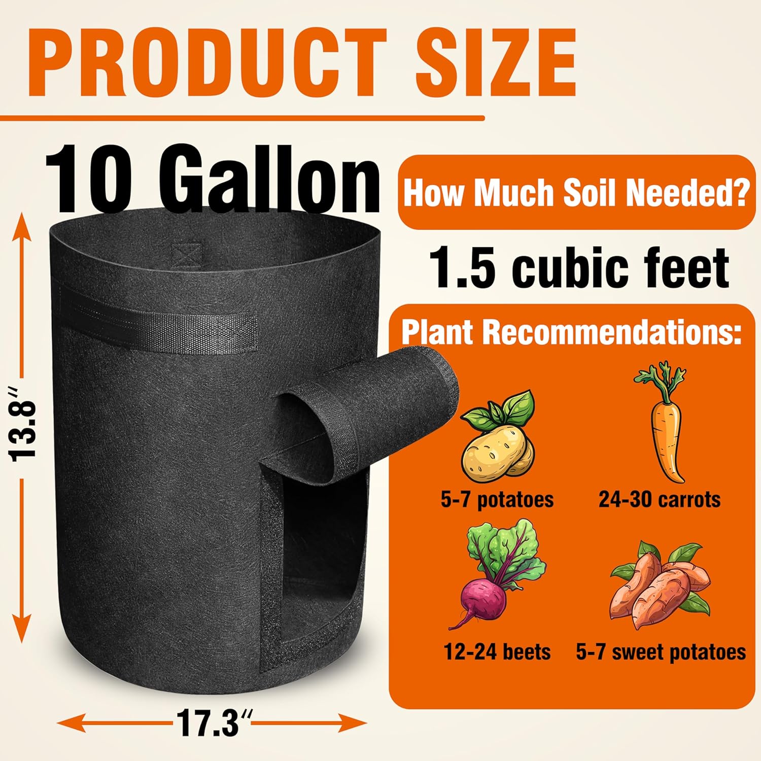6 Pack BPA-Free 10 Gallon Vegetable Grow Bags with Access Flap and Handles, Suitable for Planting Potato, Taro, Beets, Carrots, Onions, Peanut