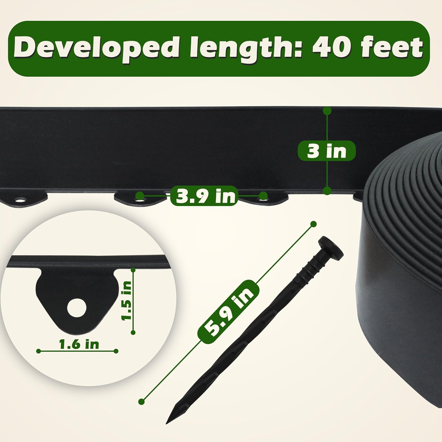 Landscape Edging Kit, 40-Foot Long, 3-Inch Tall, No Dig Garden Edging Border for Flower Beds, Tree Rings, Pathways, Includes 40 Spikes