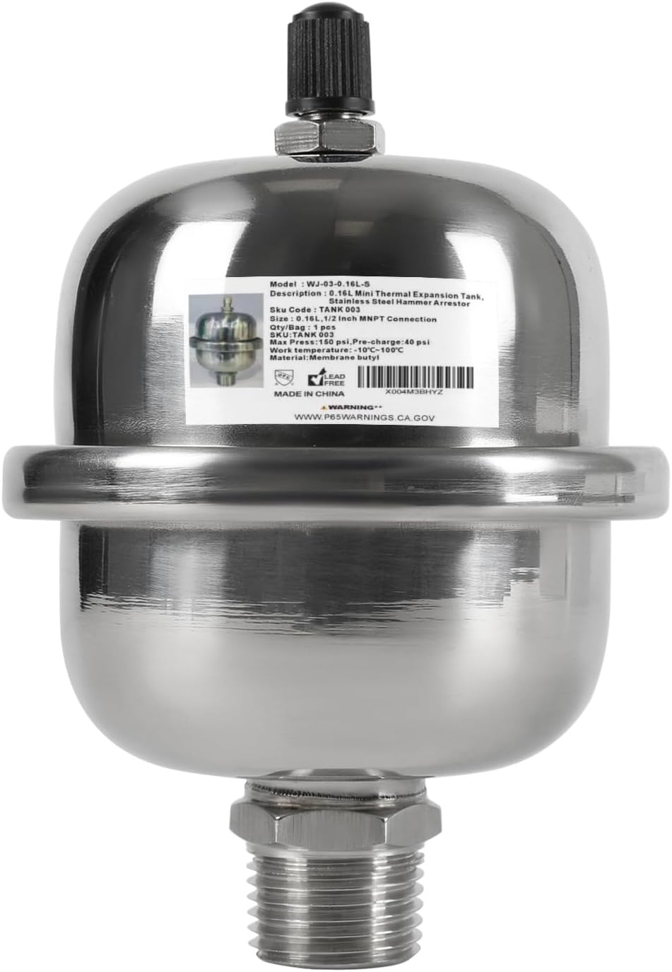 2-Gallon Capacity Mini Thermal Expansion Tank 0.16L , Stainless Steel Hammer Arrestor with 1/2 Inch Threaded For Tankless Water Heater, Water Dispensing/Beverage Appliances TANK003