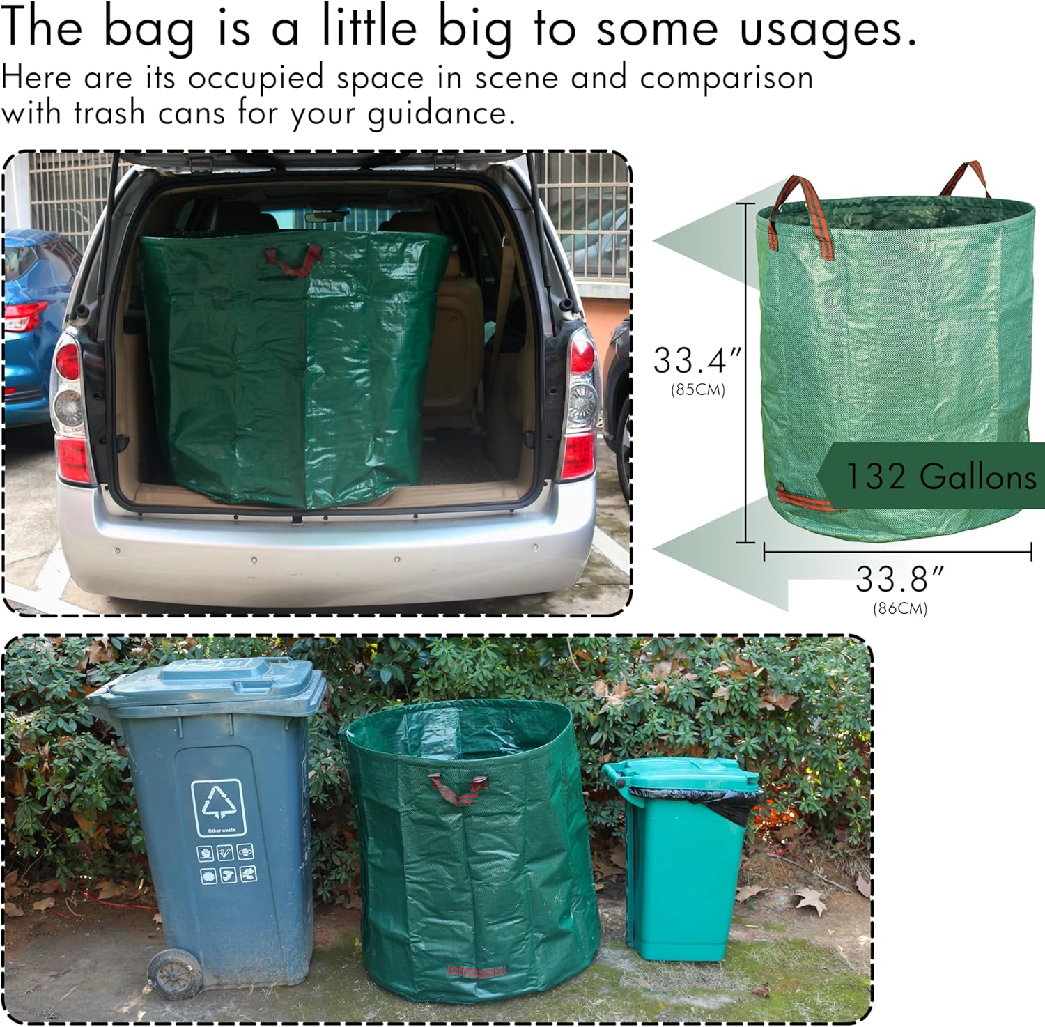 2-Pack 132 Gallon Yard Waste Bags, Reusable Heavy Duty Collapsible Garden Leaf Bags with Plastic Ring, Stand-Up Yard Waste Bin for Leaves, Lawn Debris & Grass Clippings