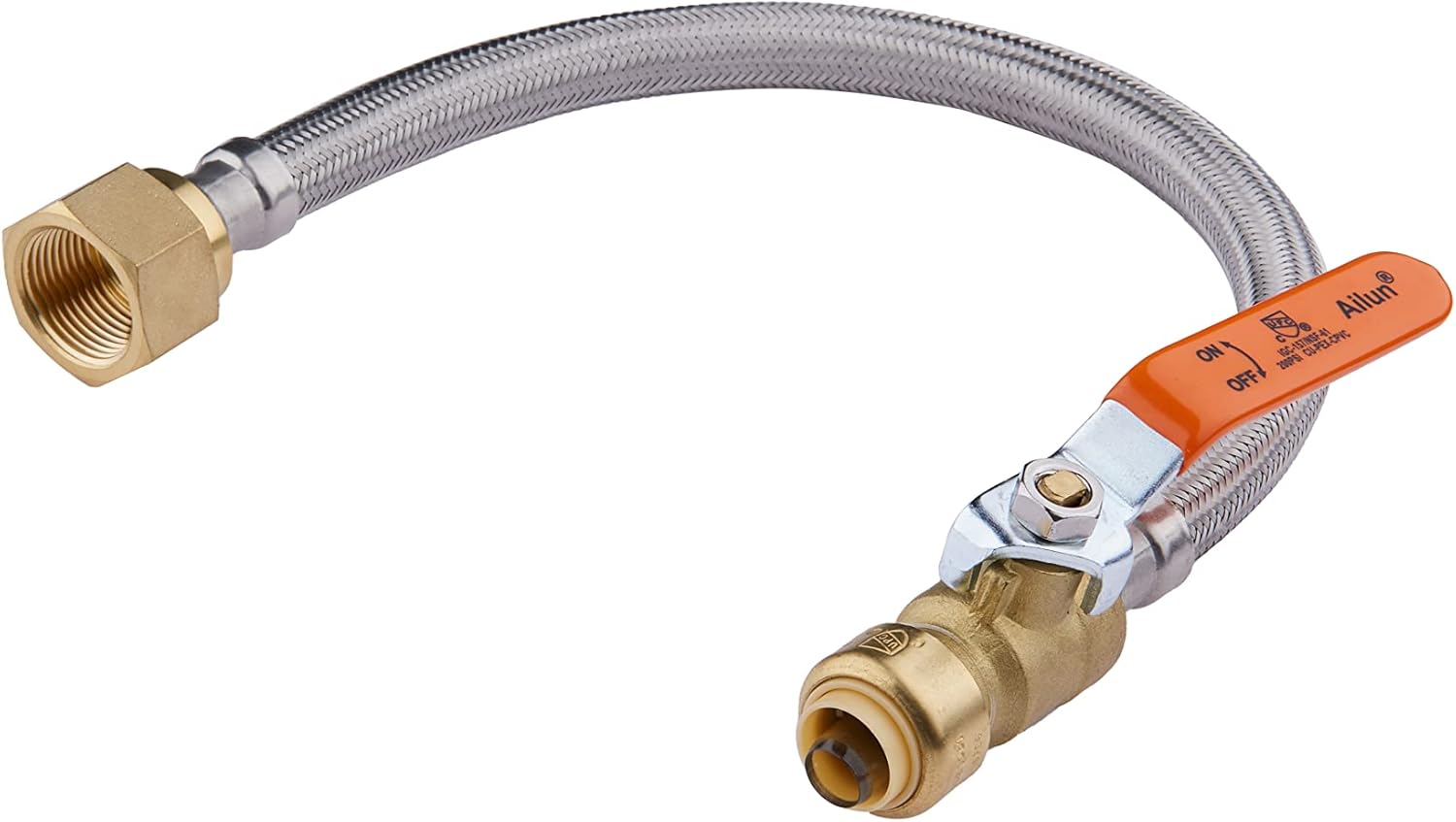 12-inch Push-fit Valve Flexible Water Heater Connector, 1/2 inch x 3/4 inch FIP, Push-to-Connect, Copper, Pex, CPVC, Braided Stainless Steel, HOSE028
