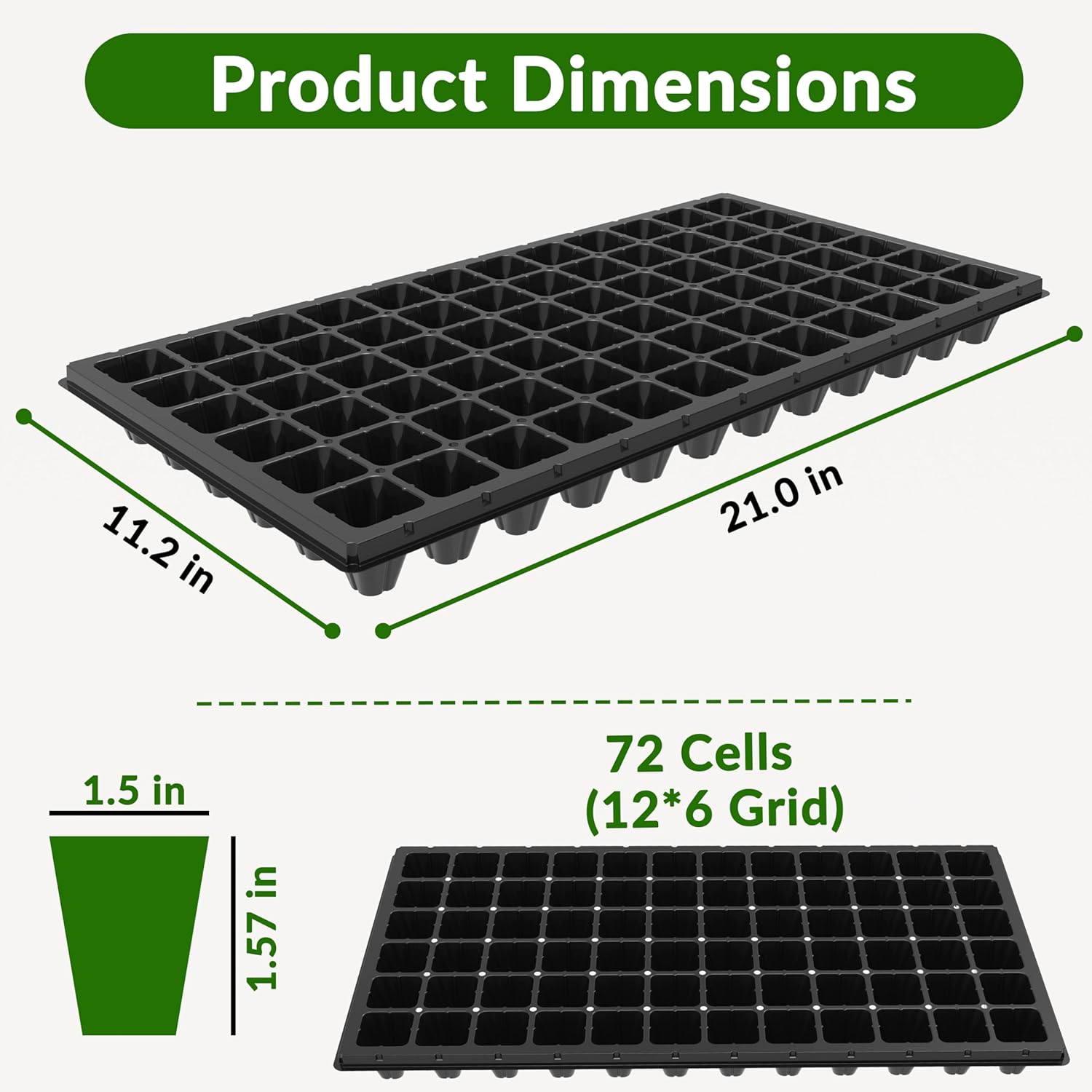 10 Pack 72 Cell Seed Starter Trays, 1.75" Deep Plug Tray for Seedlings, Thick Seedling Trays with Drainage Holes, Fit Standard 1020 Drip Tray