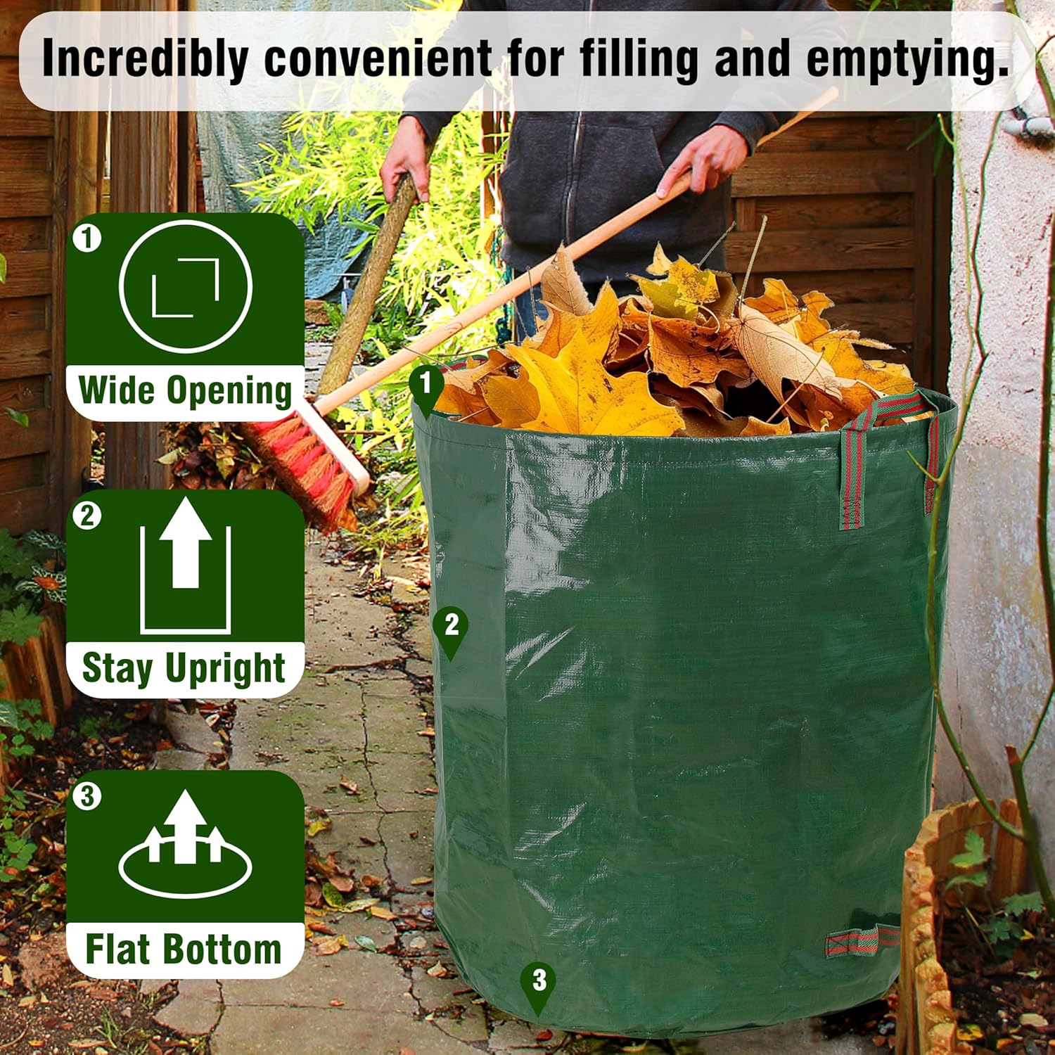 3-Pack 72 Gallon Yard Waste Bags, Reusable Heavy Duty Collapsible Garden Leaf Bags with Plastic Ring, Stand-Up Yard Waste Bin for Leaves, Lawn Debris & Grass Clippings, PE Material