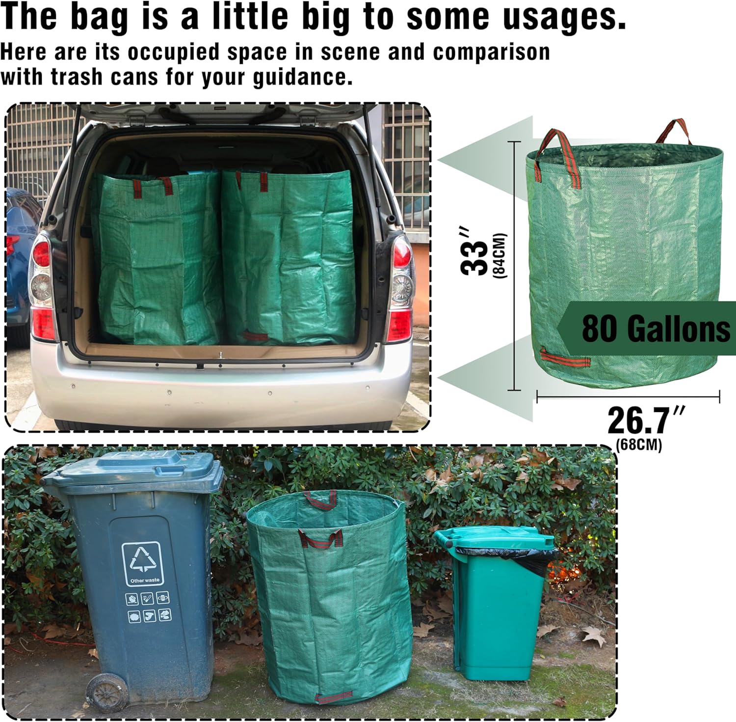 3-Pack 80 Gallon Yard Waste Bags, Reusable Heavy Duty Collapsible Garden Leaf Bags with Plastic Ring, Stand-Up Yard Waste Bin for Leaves, Lawn Debris & Grass Clippings
