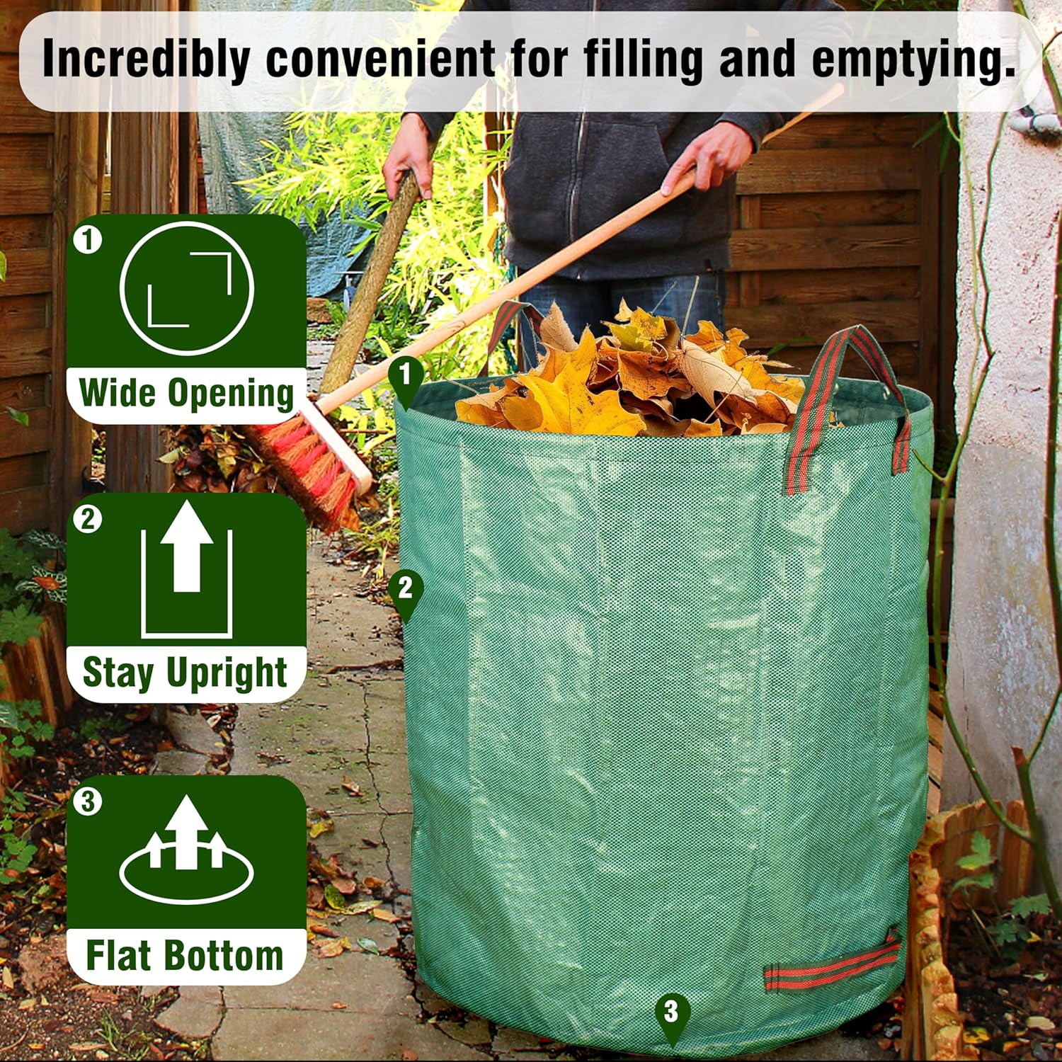 3-Pack 80 Gallon Yard Waste Bags, Reusable Heavy Duty Collapsible Garden Leaf Bags with Plastic Ring, Stand-Up Yard Waste Bin for Leaves, Lawn Debris & Grass Clippings