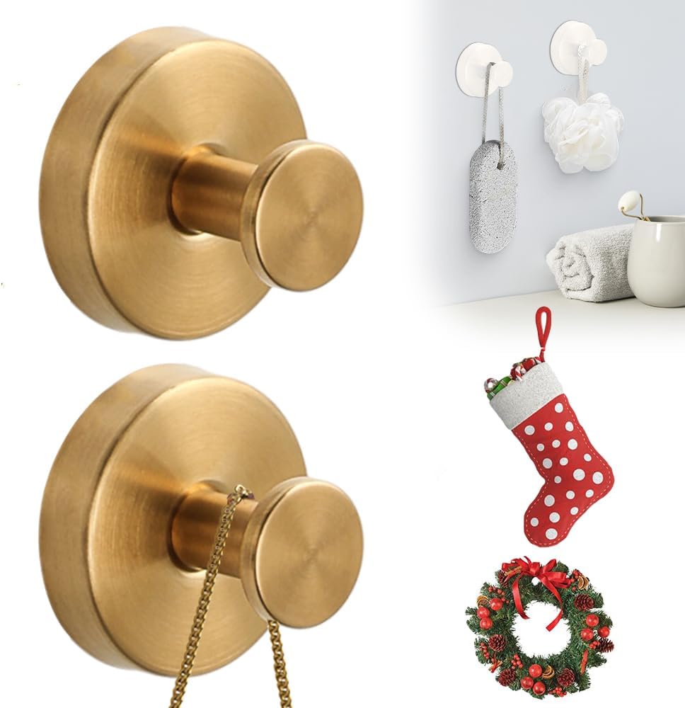Suction Cup Hooks for Wreaths on Glass, 2025 New Stainless Steel Waterproof Suction Cup Hooks, Upgrade Hold No Drill Hooks for Bathroom Shower Mirrors Kitchens Hanging Towels Hooks 2, Goldern