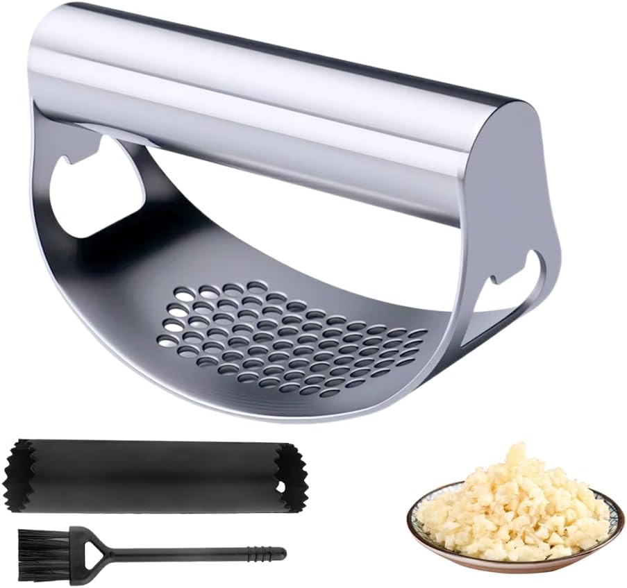 2025 New Stainless Steel Garlic Presser, Portable Manual Stainless Steel Garlic Press for Home Kitchen Utensils, Upgrade Rocker Crusher Masher with Garlic Peeling 1