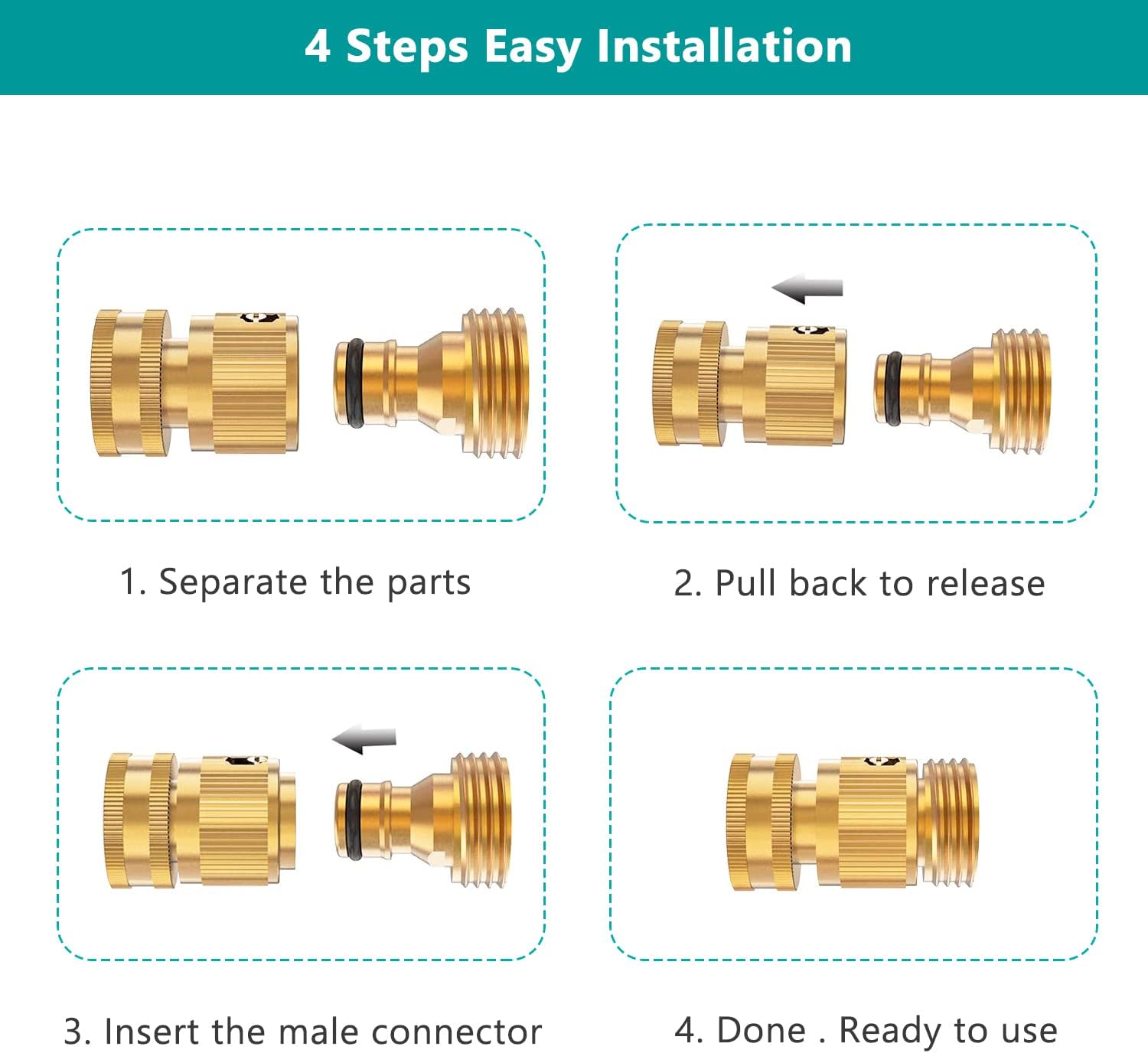Garden Hose Quick Connector, Solid Brass 3/4 Inch Thread Fitting No-Leak Water Hose Female and Male Easy Connect 6 Sets