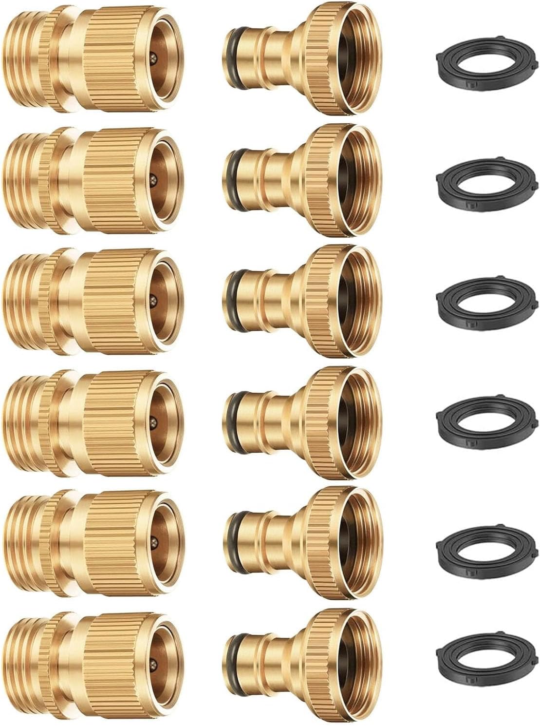 Garden Hose Quick Connector, Solid Brass 3/4 Inch Thread Fitting No-Leak Water Hose Female and Male Easy Connect 6 Sets