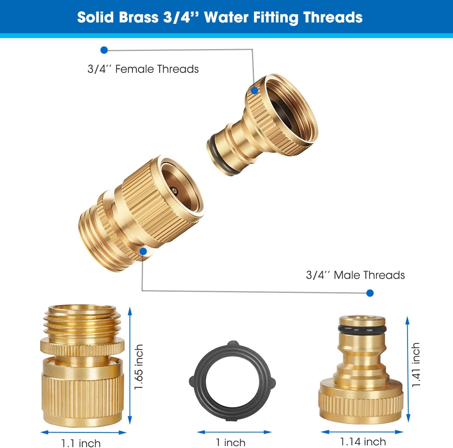 Garden Hose Quick Connector, Solid Brass 3/4 Inch Thread Fitting No-Leak Water Hose Female and Male Easy Connect 6 Sets