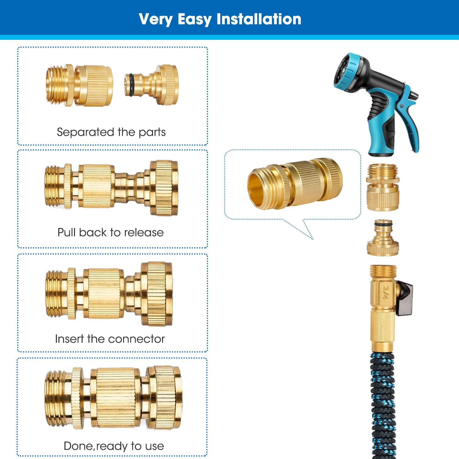 Garden Hose Quick Connector, Solid Brass 3/4 Inch Thread Fitting No-Leak Water Hose Female and Male Easy Connect 6 Sets