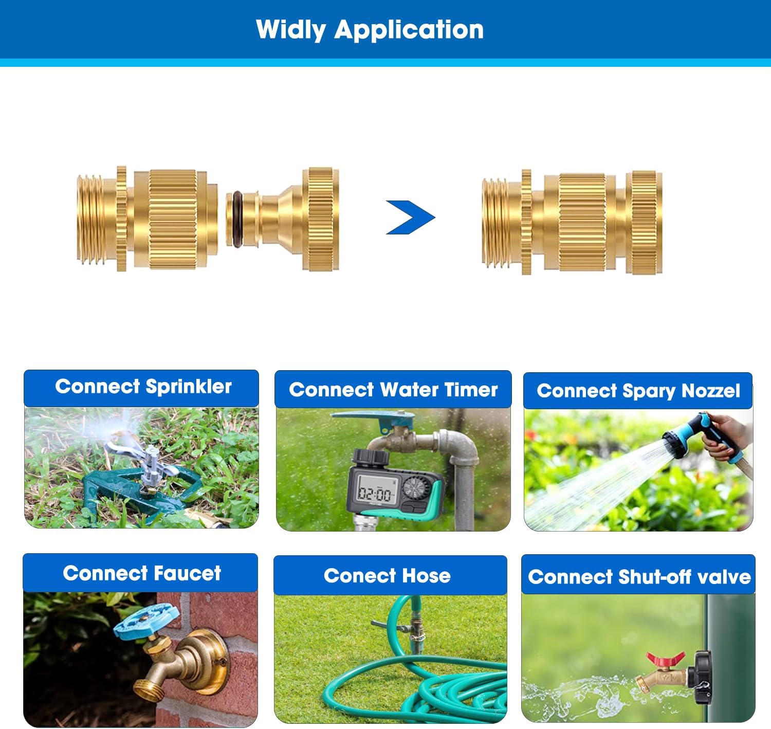 Garden Hose Quick Connector, Solid Brass 3/4 Inch Thread Fitting No-Leak Water Hose Female and Male Easy Connect 6 Sets