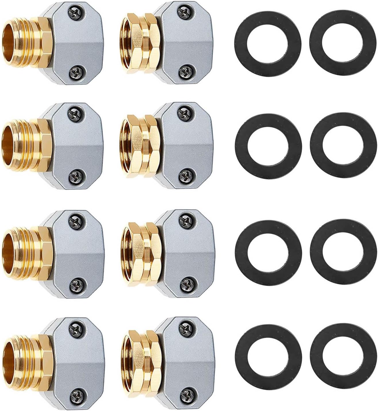 4 Sets Garden Hose Repair Connector Fitting, Aluminum Female and Male With Zinc Clamp Water Hose End Repair Connector Fit 3/4 Inch or 5/8 Inch Garden Hose