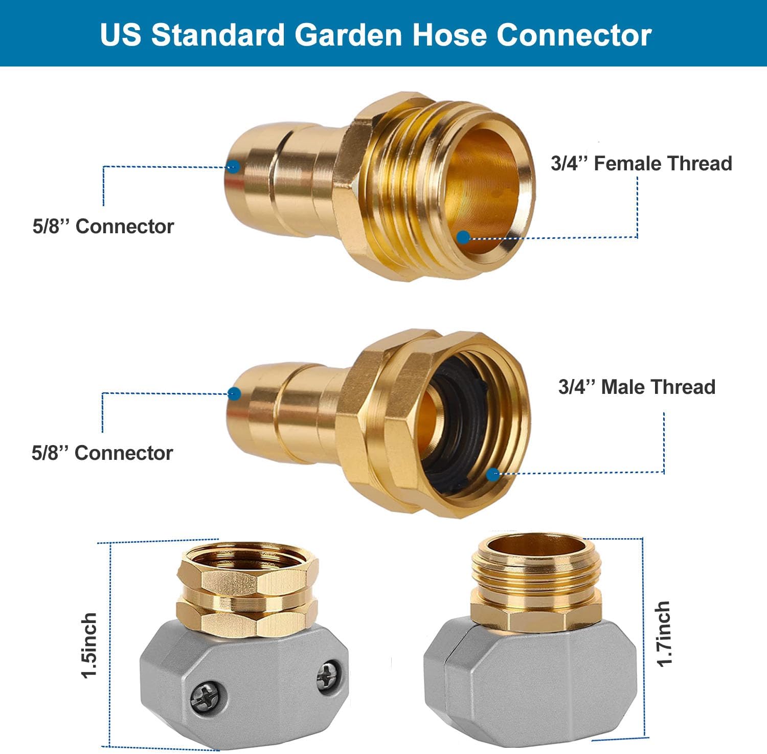 4 Sets Garden Hose Repair Connector Fitting, Aluminum Female and Male With Zinc Clamp Water Hose End Repair Connector Fit 3/4 Inch or 5/8 Inch Garden Hose