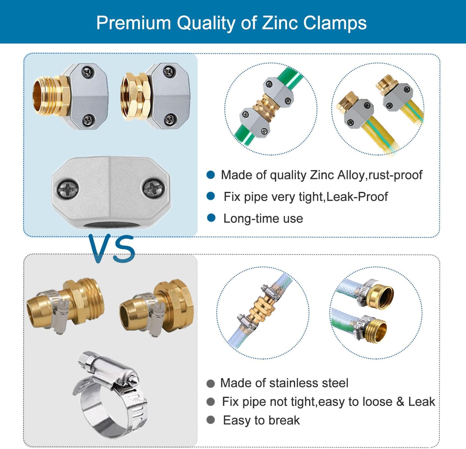 4 Sets Garden Hose Repair Connector Fitting, Aluminum Female and Male With Zinc Clamp Water Hose End Repair Connector Fit 3/4 Inch or 5/8 Inch Garden Hose