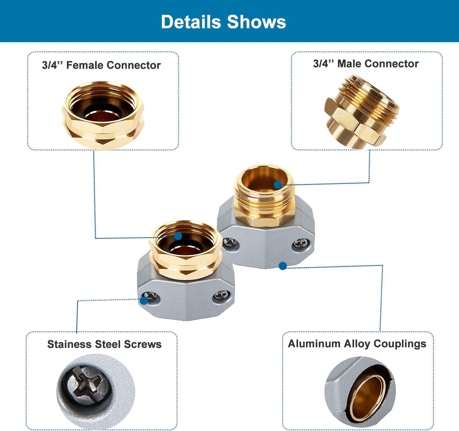 4 Sets Garden Hose Repair Connector Fitting, Aluminum Female and Male With Zinc Clamp Water Hose End Repair Connector Fit 3/4 Inch or 5/8 Inch Garden Hose